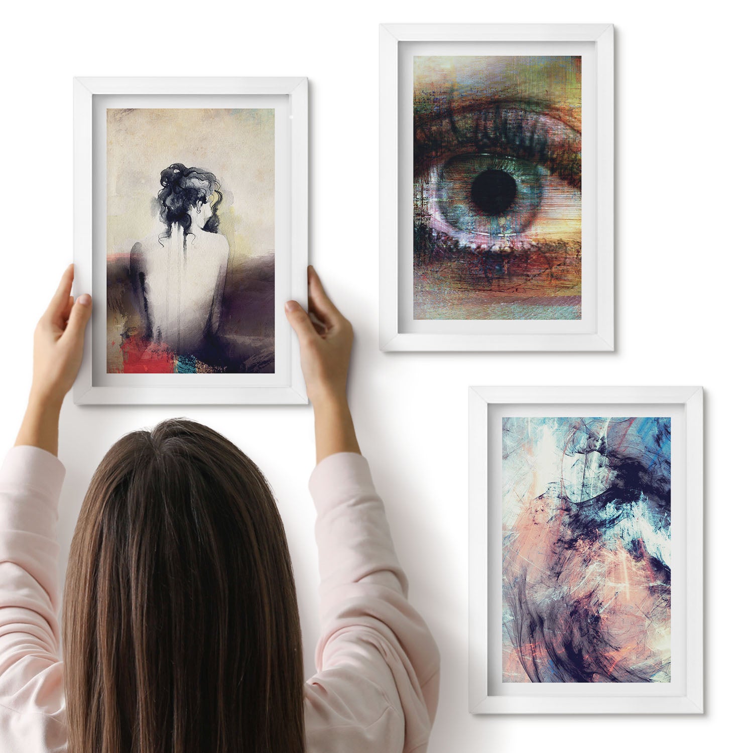 Galeria ścienna 3-częściowy komplet obrazów w białych ramach - Portret kobiety oko abstrakcyjne kolory emocje - ArtPrintCave