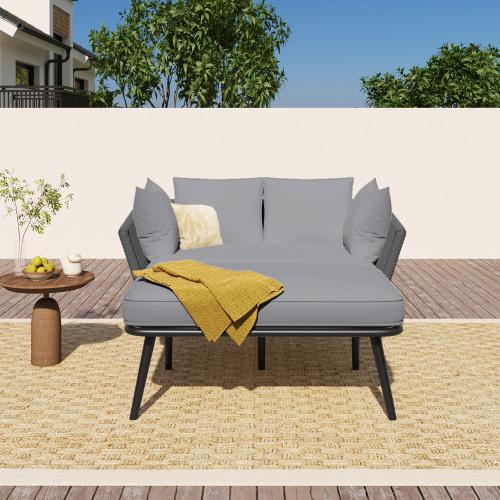 Sofa ogrodowa z grubymi poduszkami, leżak ze stali nierdzewnej, meble balkonowe i tarasowe