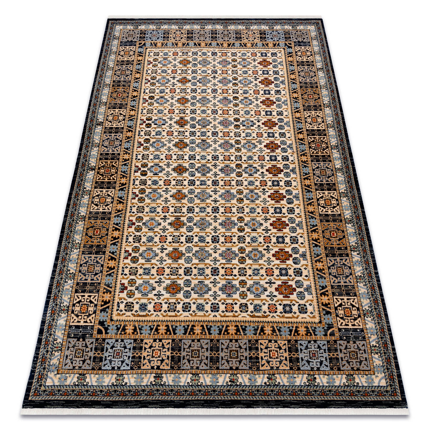 Dywan wełniany KESHAN Frędzle, Ramka orientalny 6428/53551 beż / granat 120x145 cm