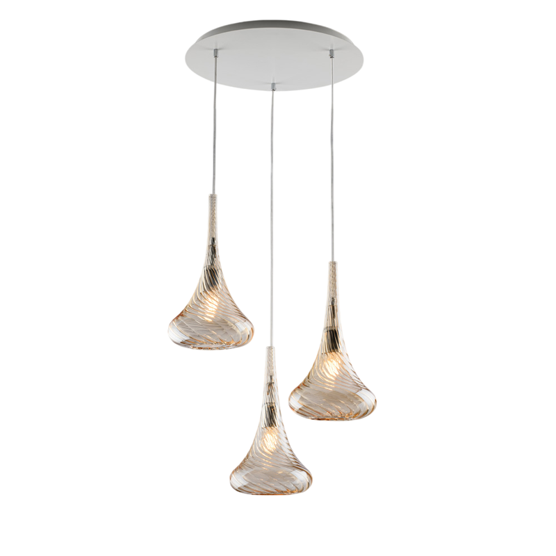 Sospensione in ferro con vetri ambra pyrex 3 luci H.41 - MAX 141 - Ø50