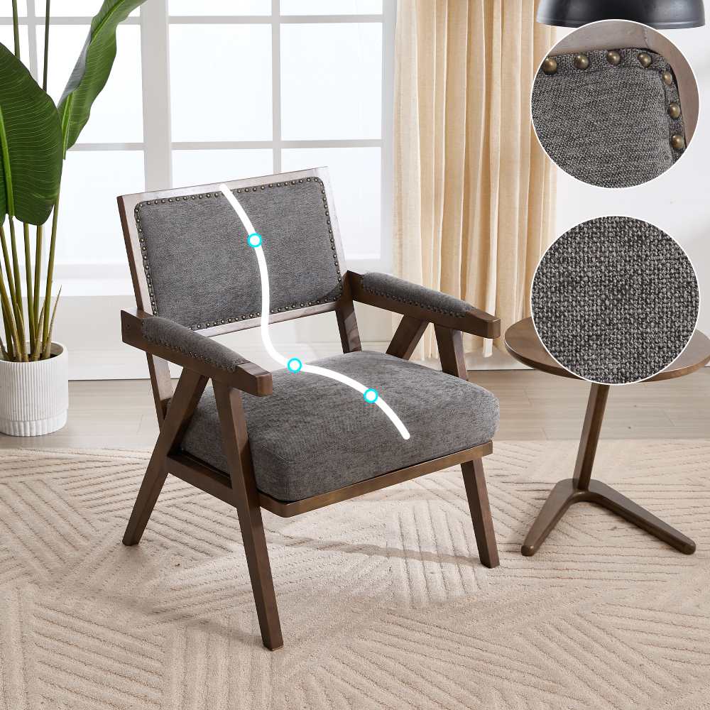 Fotel wypoczynkowy z tkaniny w stylu Mid-Century Modern z podłokietnikami i drewnianą ramą do salonu, sypialni, biura