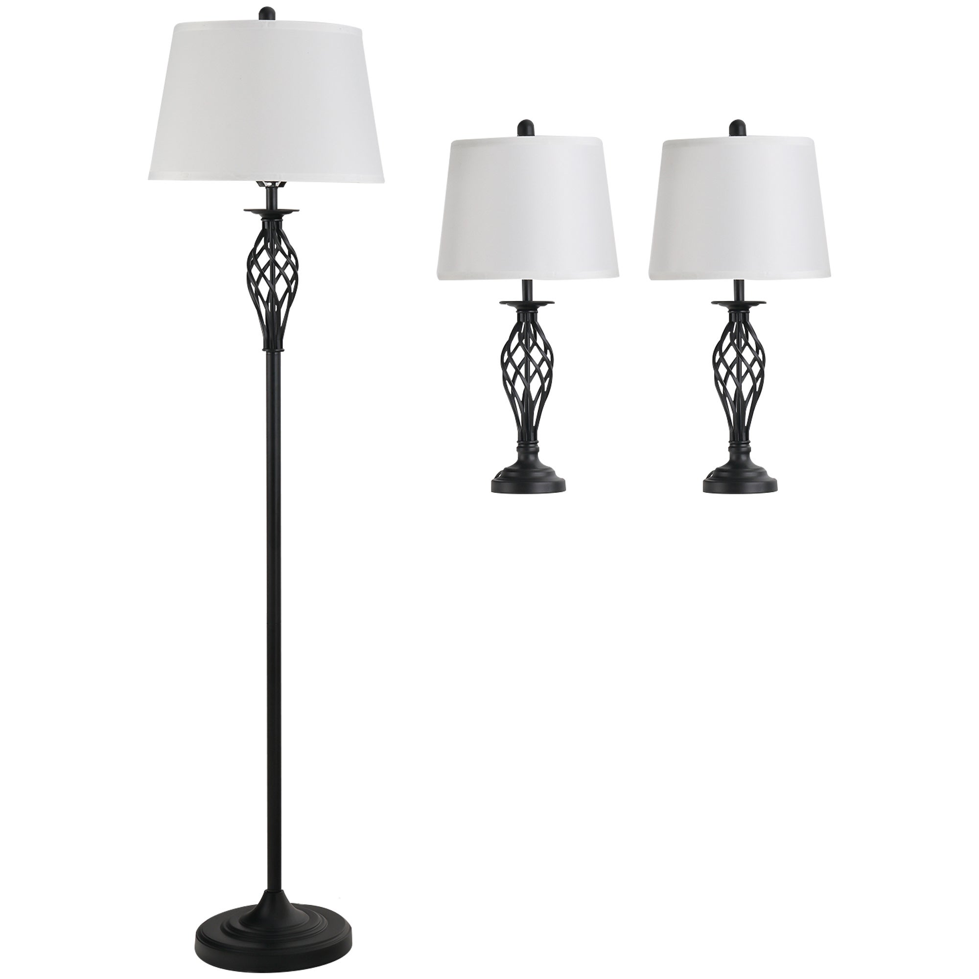 Zestaw 3 lamp: 2 lampy stołowe i 1 lampa podłogowa, metal i bawełna. Lampa stołowa: Ø 38 cm, lampa podłogowa: Ø 62 cm