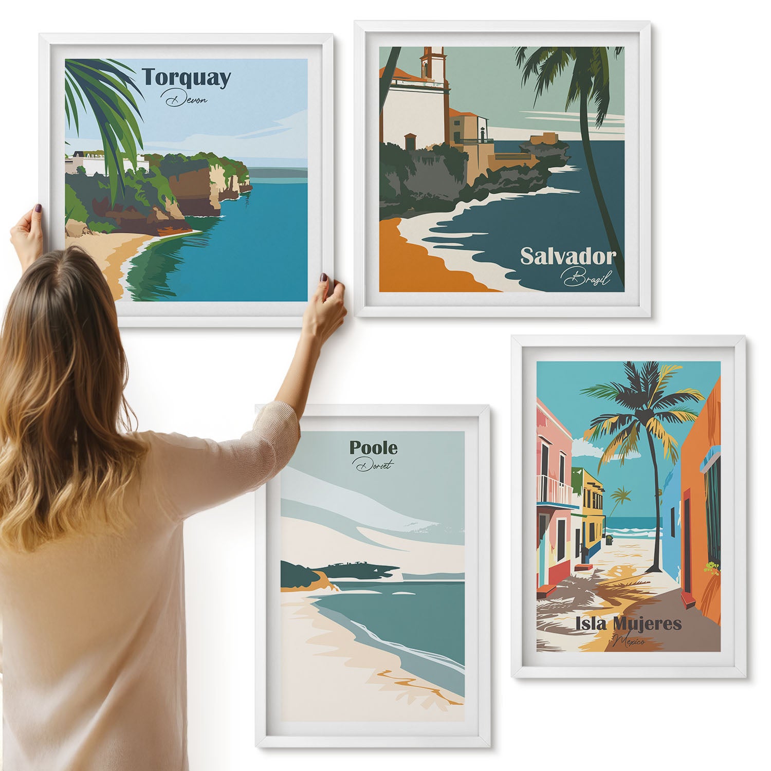 Galeria ścienna 4-częściowy komplet obrazów w białych ramach - Tropikalne krajobrazy z plażami i palmami - ArtPrintCave