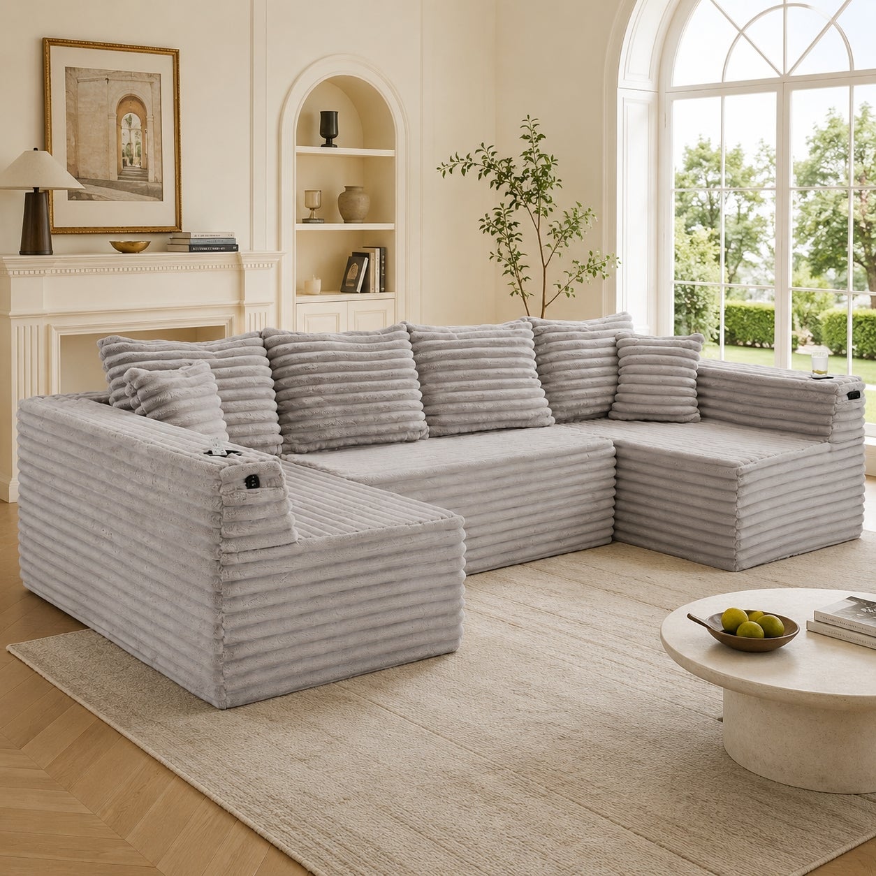 Sztruksowa sofa w kształcie litery U, sofa modułowa z uchwytami na kubki, do salonu
