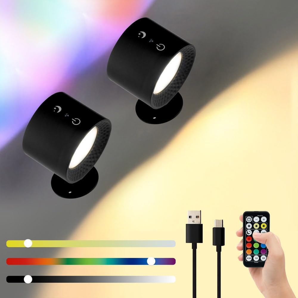 Lampa ścienna ładowana przez USB, obrót o 360°, oświetlenie dwustronne, 3 temperatury barwowe RGB (czarna, 2 sztuki)