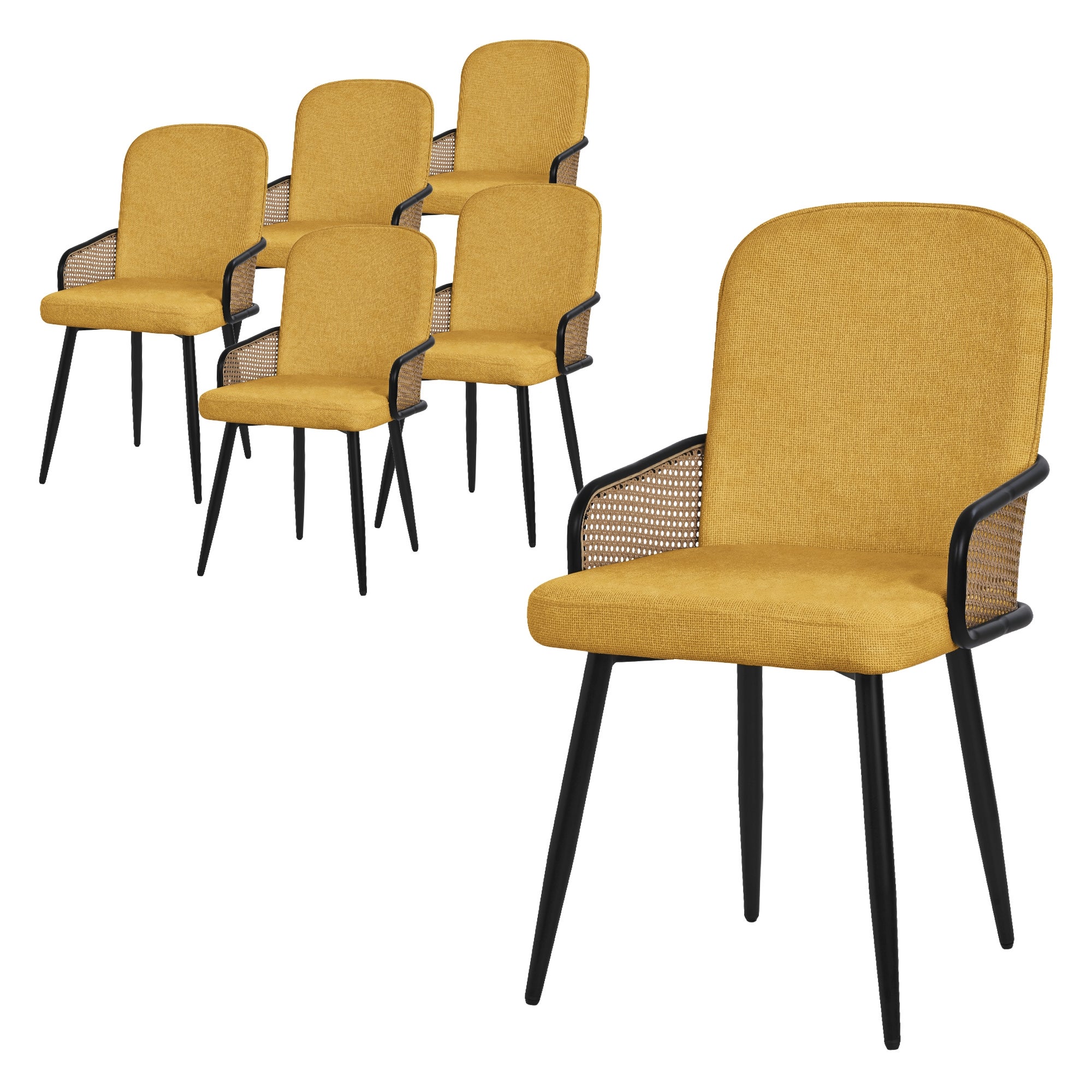 ML-Design zestaw 6 krzeseł tapicerowanych musztarda do jadalni i kuchni ergonomiczne z podłokietnikami imitacja rattanu metalowe nogi komfortowe