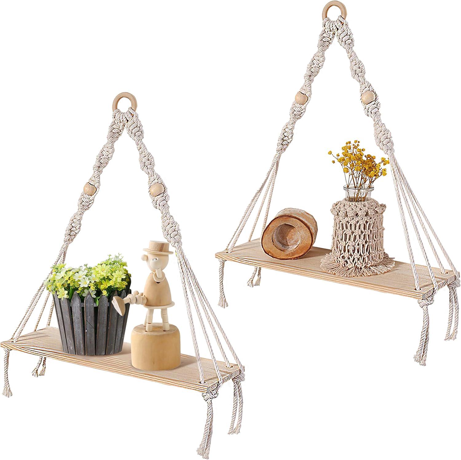 boho makramowe drewniane półki ścienne, wiszące półki z liny, wiszące półki ścienne do salonu, sypialni, pokoju dziecięcego, balkonu