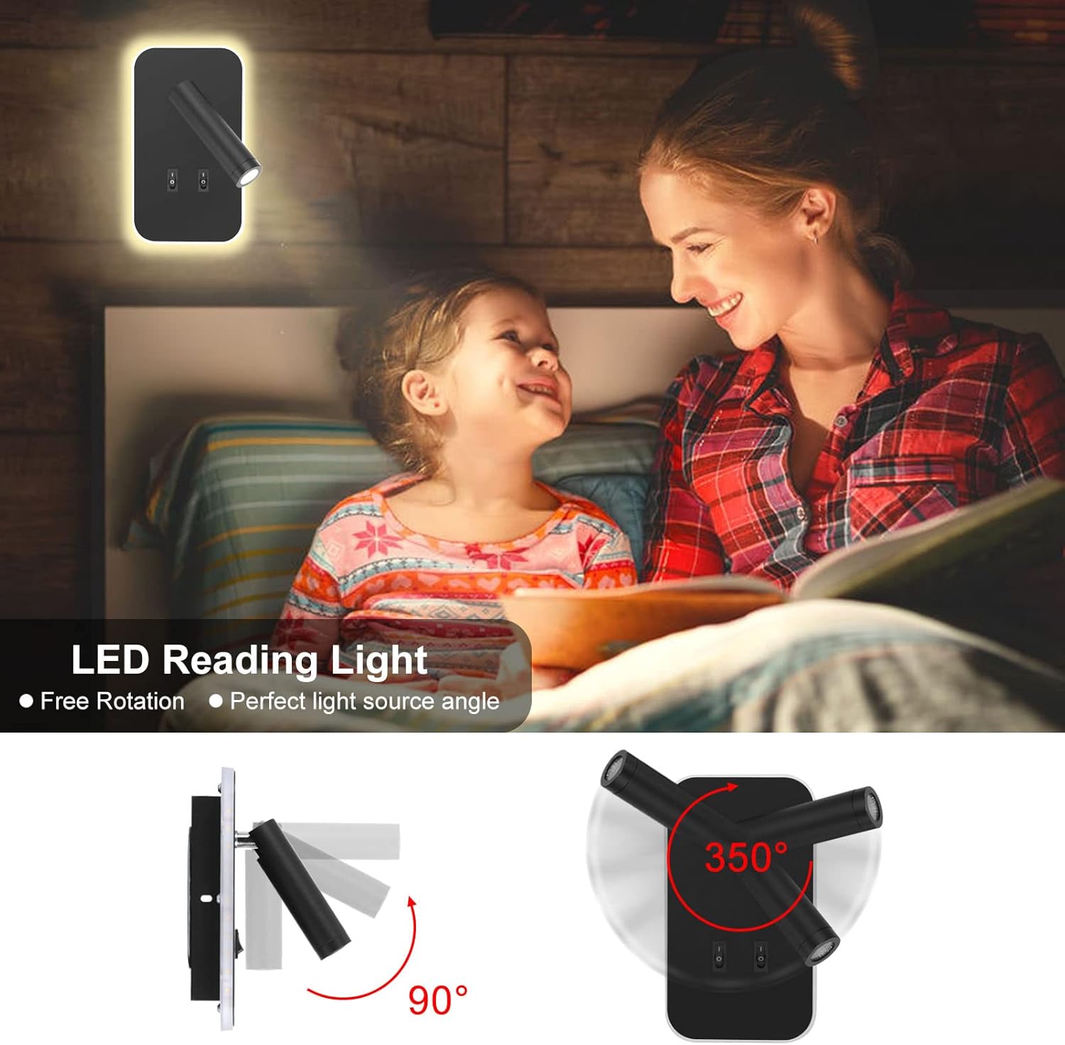 Lampka nocna LED 2 w 1, lampka do czytania 3 W + kinkiet 10 W, z przełącznikiem, kolor czarny 3000 K