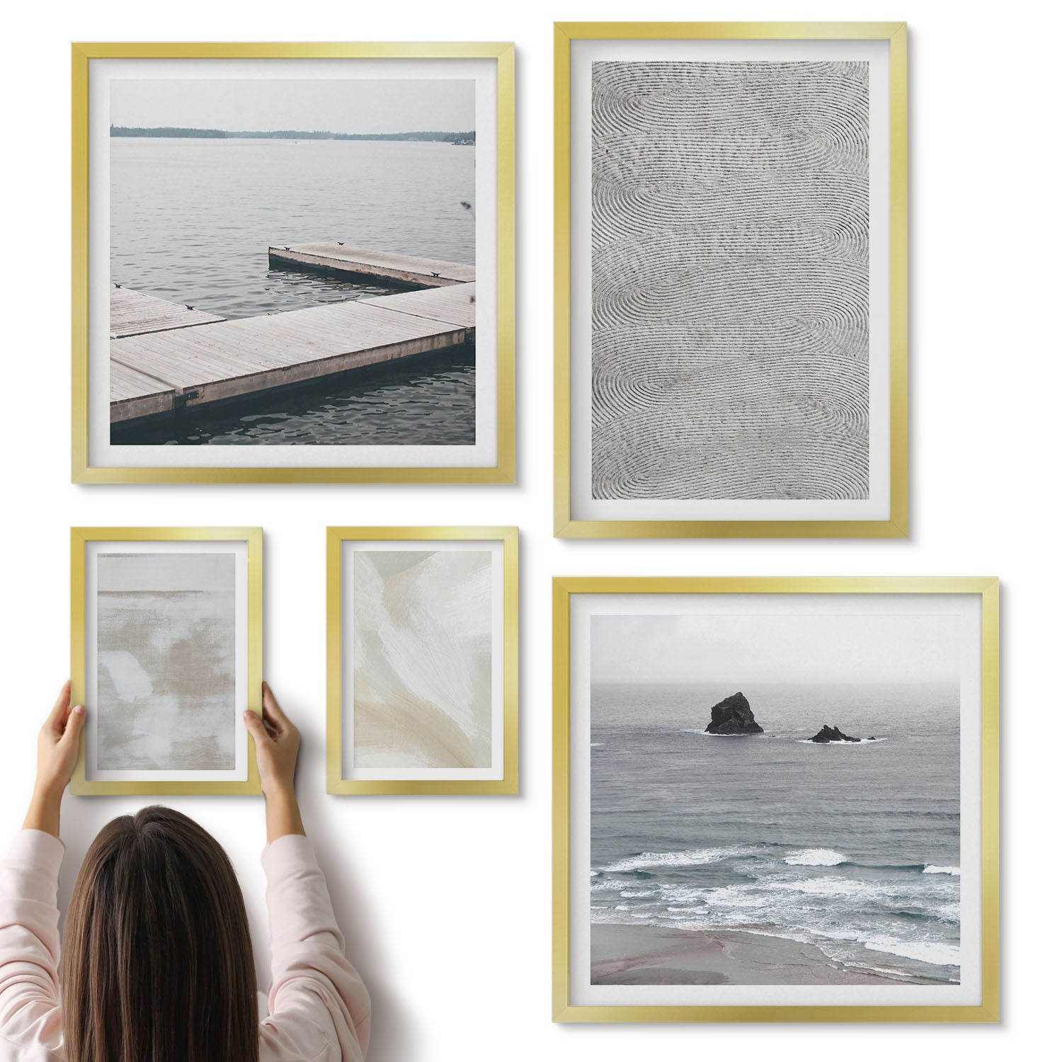 Galeria ścienna 5-częściowy komplet obrazów w złotych ramach - Abstrakcja w designie nowoczesne tekstury malarskie - ArtPrintCave