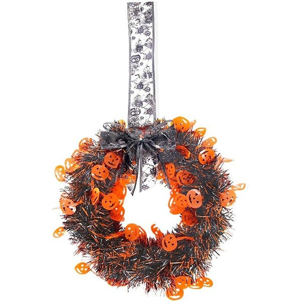 Girlanda z kokardek ze wstążki Boże Narodzenie Halloween 29 cm - z dekoracją dyni i czaszki - pomarańczowa