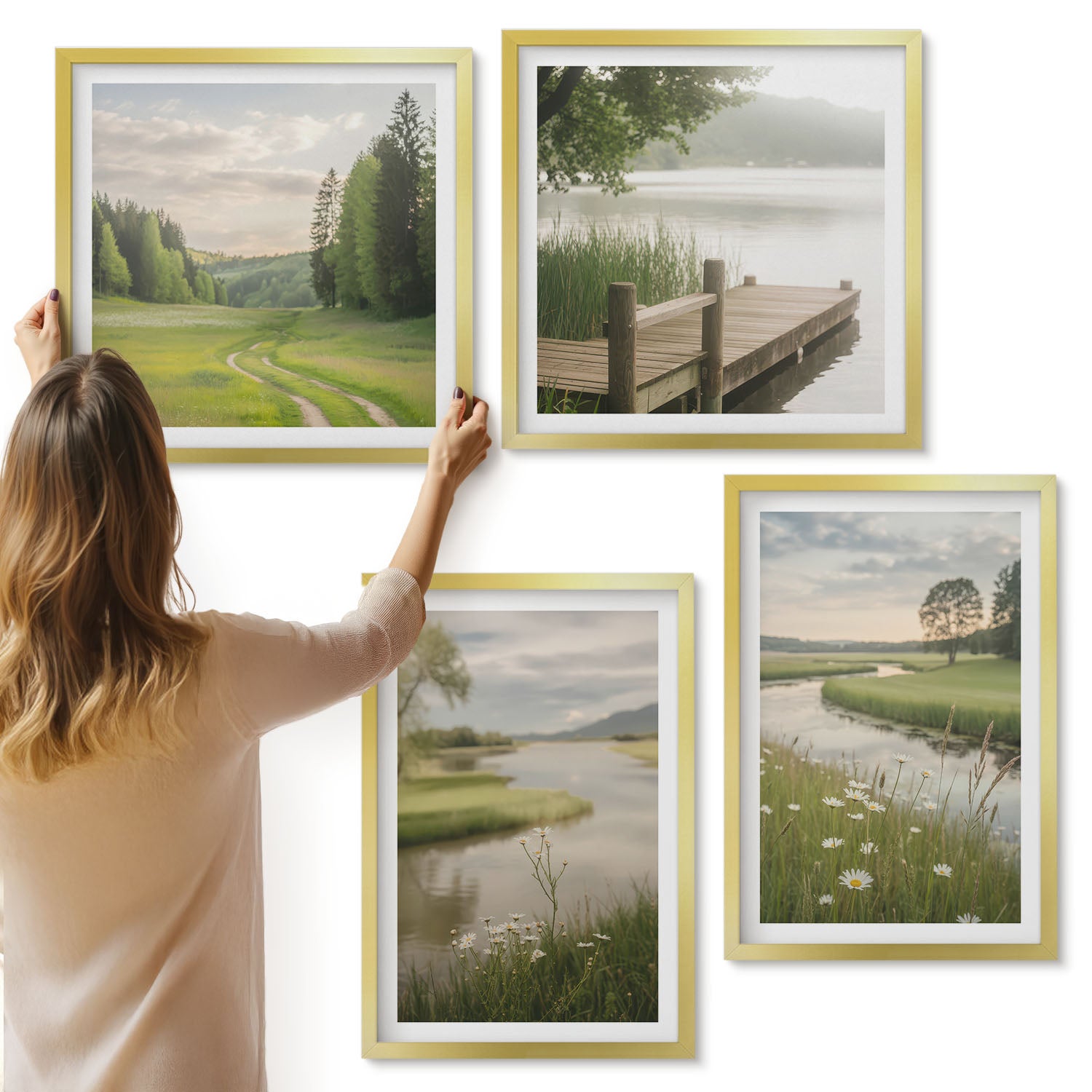 Galeria ścienna 4-częściowy komplet obrazów w złotych ramach - Spokojne krajobrazy lata z rzeką i łąką kwiatów - ArtPrintCave