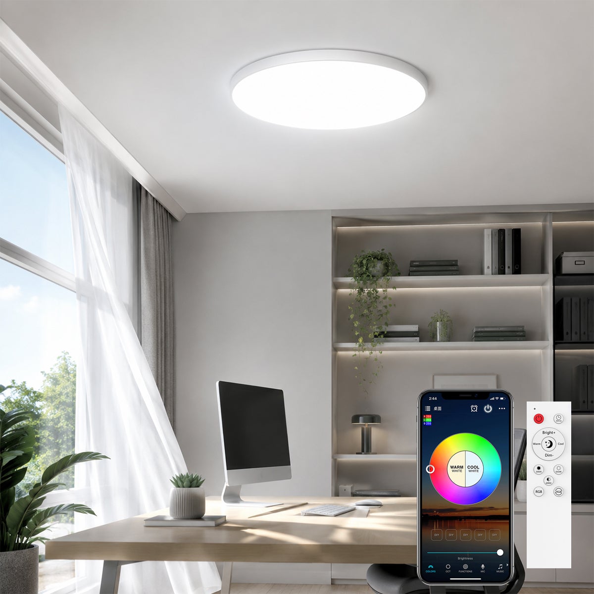 Plafon LED smart RGB+CCT 30 W Ø30 cm 2200 lm, 2700–6500 K, niski profil, ściemniany Wi-Fi 2,4 GHz, pilot, Alexa i Google Home