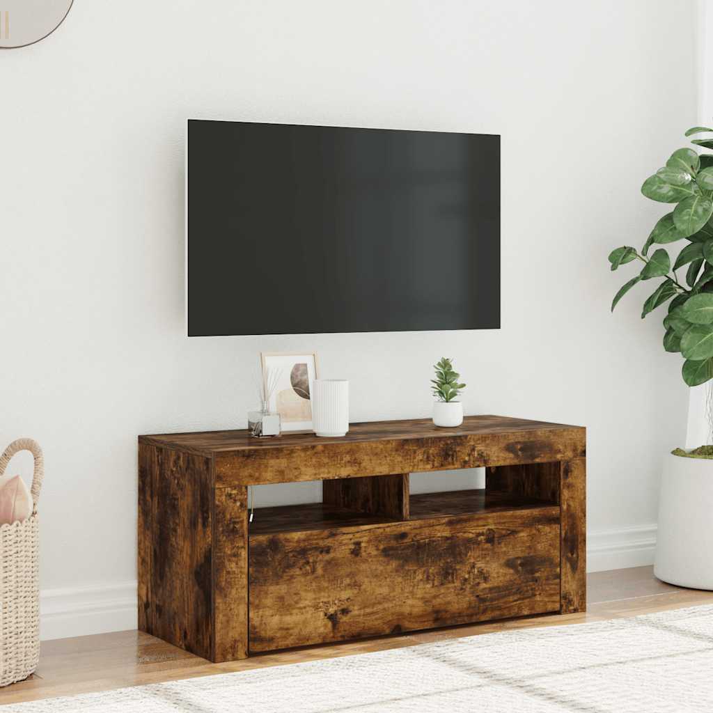 Szafka pod TV z oświetleniem LED, przydymiony dąb, 90x35x40 cm vidaXL