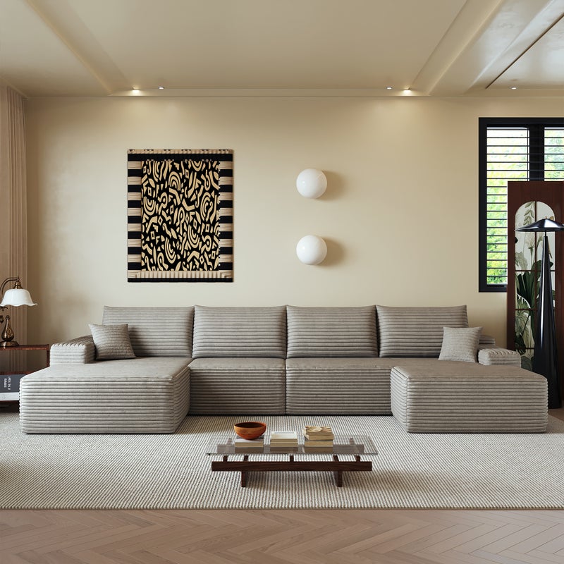 Modułowa sofa narożna, w układzie L po lewej stronie, 5-osobowa + podnóżek, z głębokimi poduszkami siedziskowymi,w kolorze camelowym