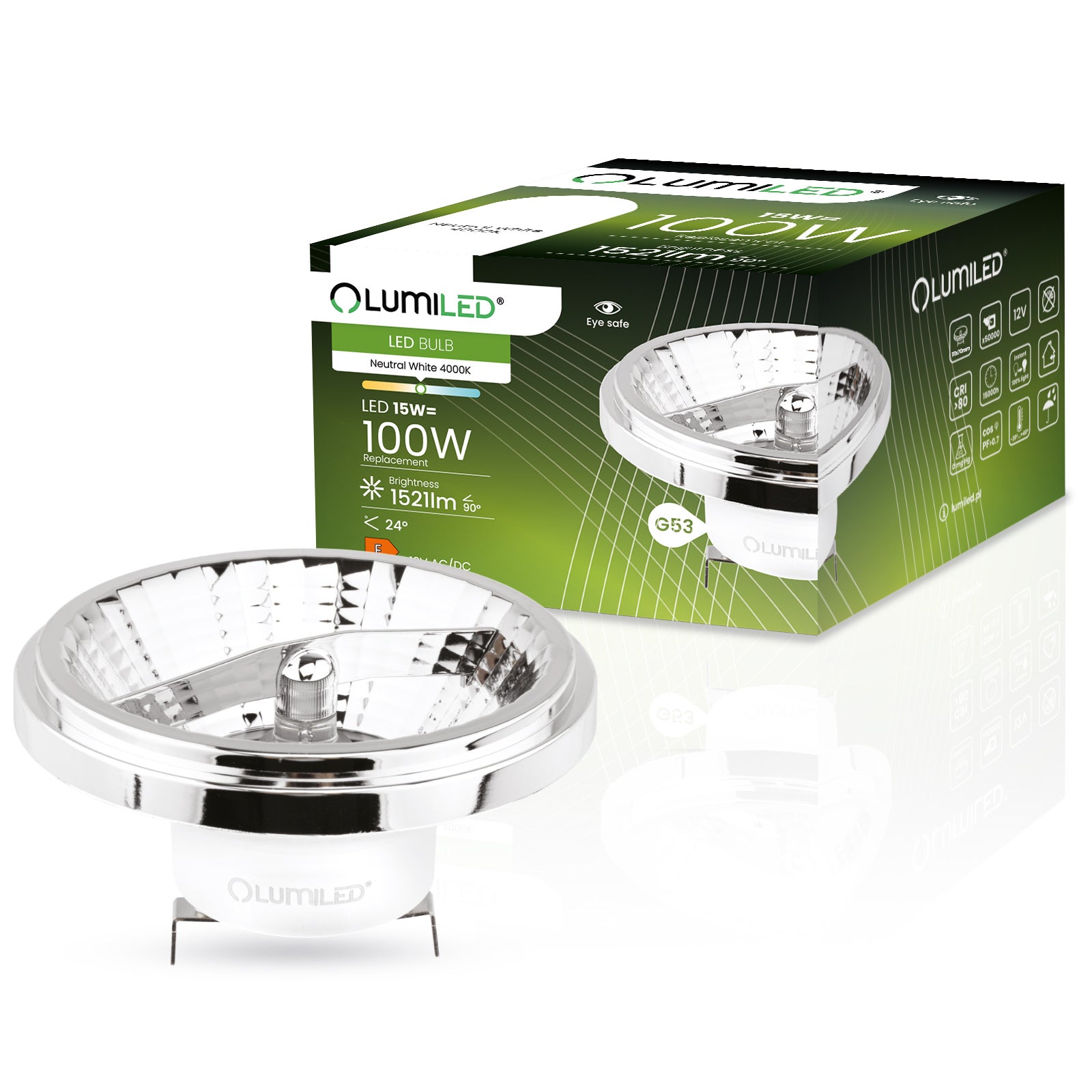 Żarówka LED Lumiled G53 Reflektor AR111 15W 1521lm 4000K Neutralna biel 24st 12V Srebrna 1 szt.