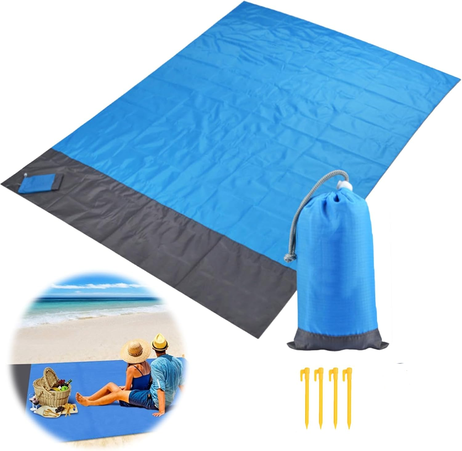 Koc plażowy, mata piknikowa, odpowiednia na plażę, kemping, piesze wycieczki, piknik, niebieski (200*210 cm).