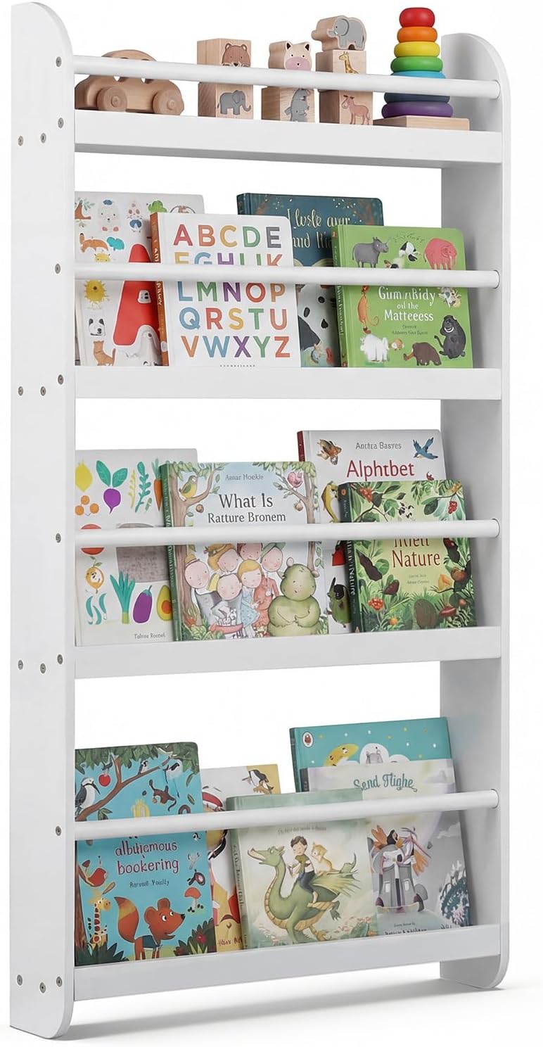 4-poziomowy regał dziecięcy w stylu Montessori (montowany do ściany) z barierkami zabezpieczającymi i zestawem antyprzechyłowym – do sypialni (biały)