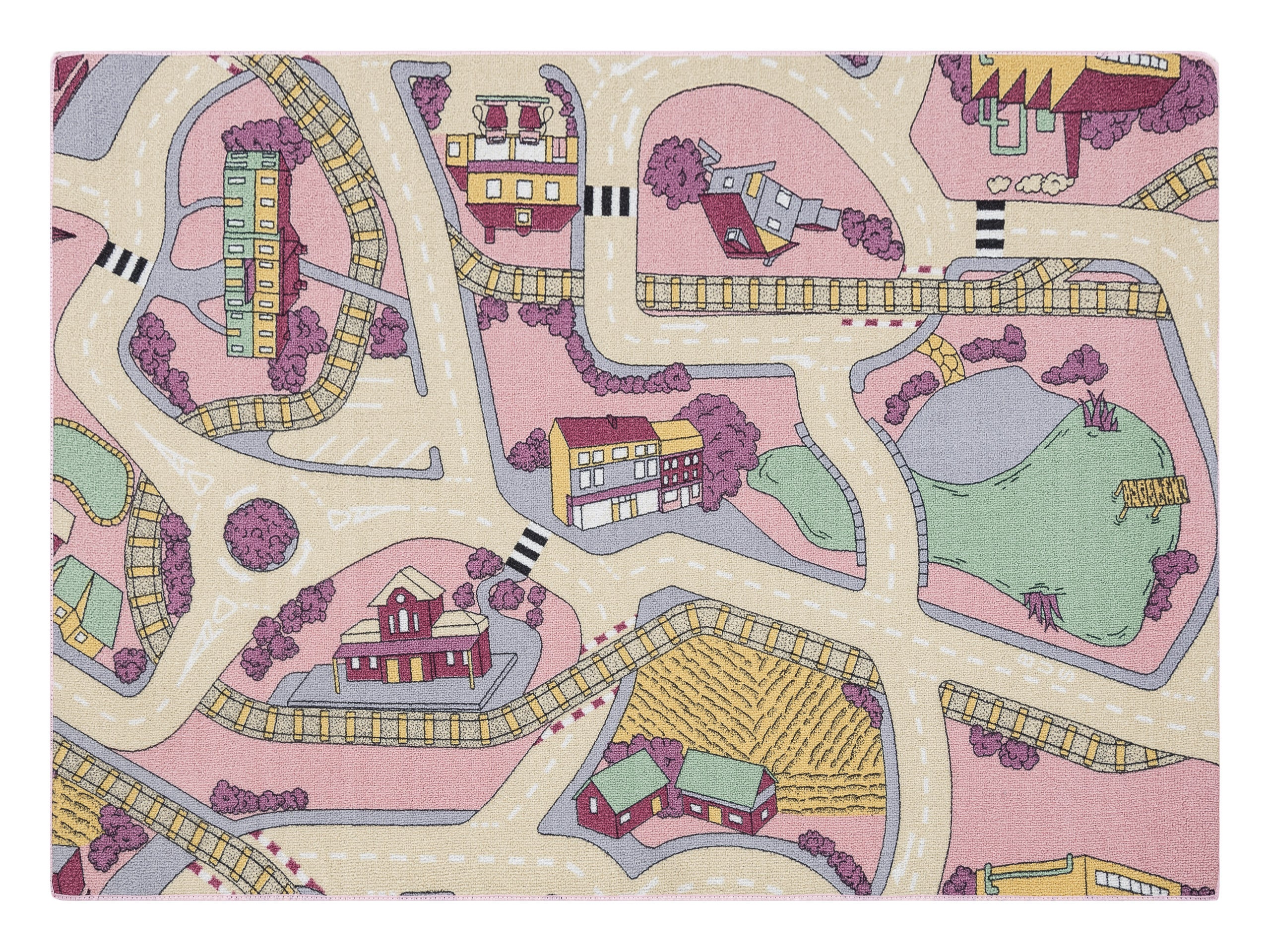 DYWAN REBEL ROADS Playtime 63 Miasteczko, dla dzieci antypoślizgowy - różowy / beż 95x133 cm