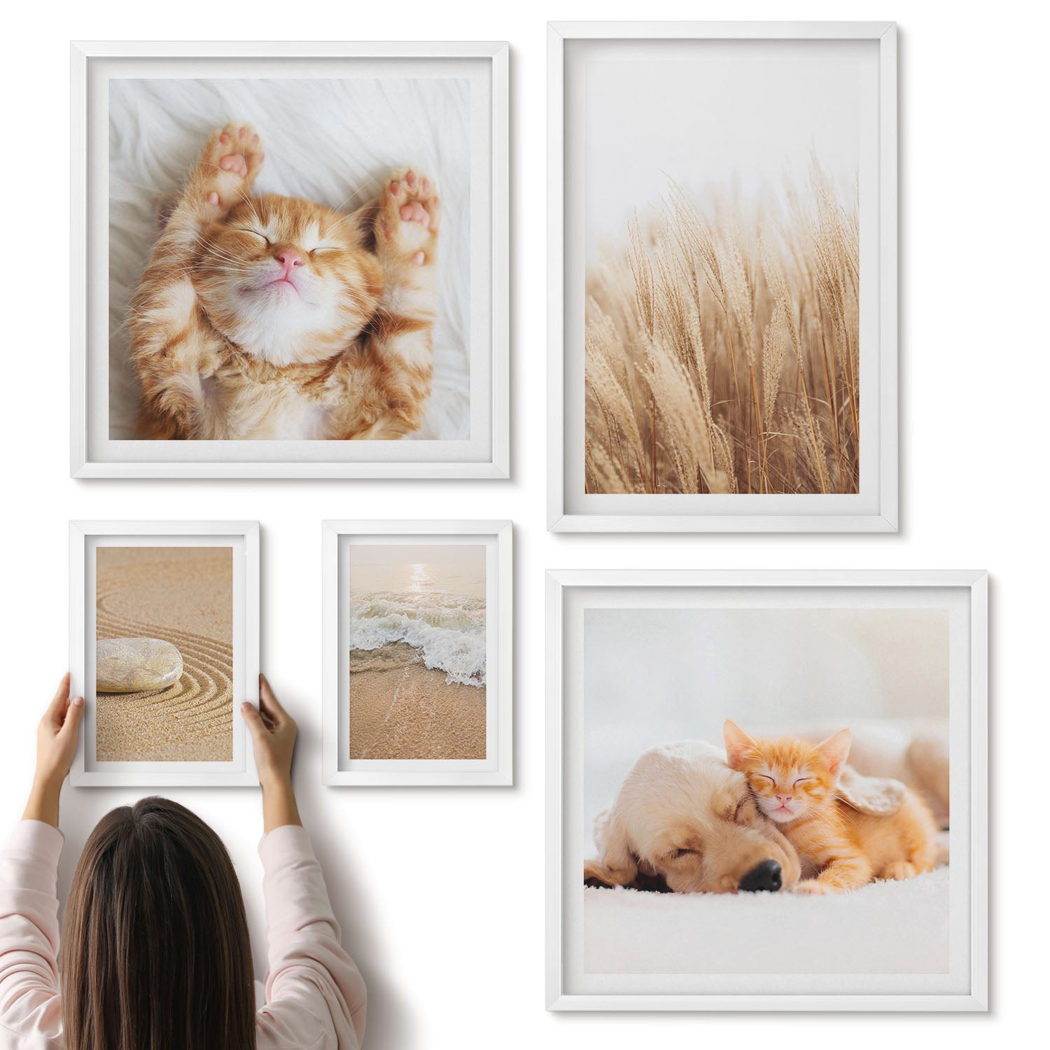 Galeria ścienna 5-częściowy komplet obrazów w białych ramach - Urocze zwierzęta i naturalne pejzaże w stonowanej estetyce - ArtPrintCave
