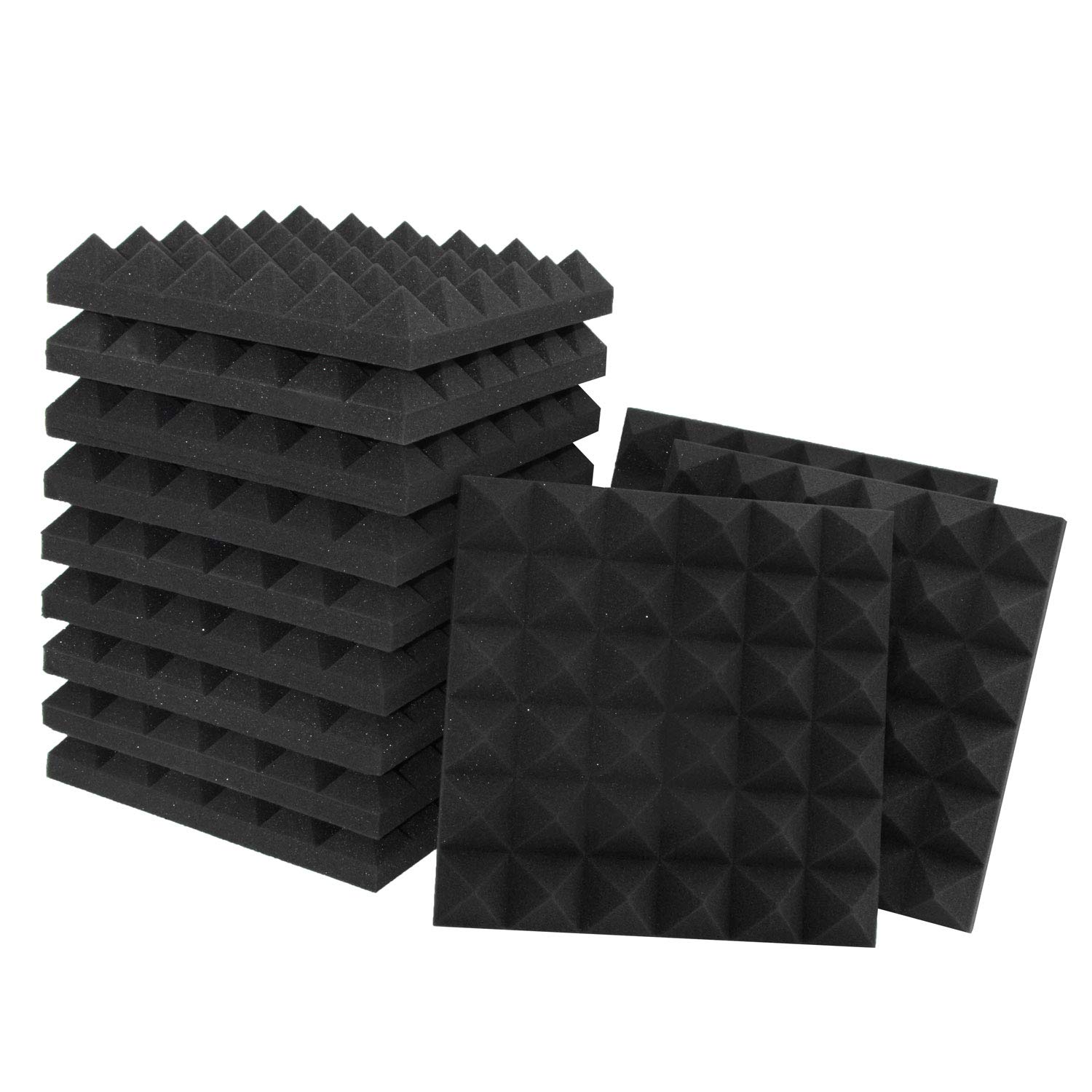 Panele akustyczne - 12 sztuk czarnej pianki akustycznej w kształcie piramidy, 30x30x2,5 cm, ognioodporne, dźwiękochłonne panele ścienne