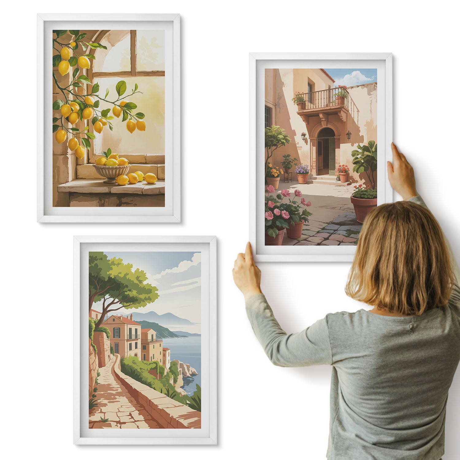 Galeria ścienna 3-częściowy komplet obrazów w białych ramach - Owoce cytrusowe w kuchni widok na morze i urokliwe miasteczko - ArtPrintCave
