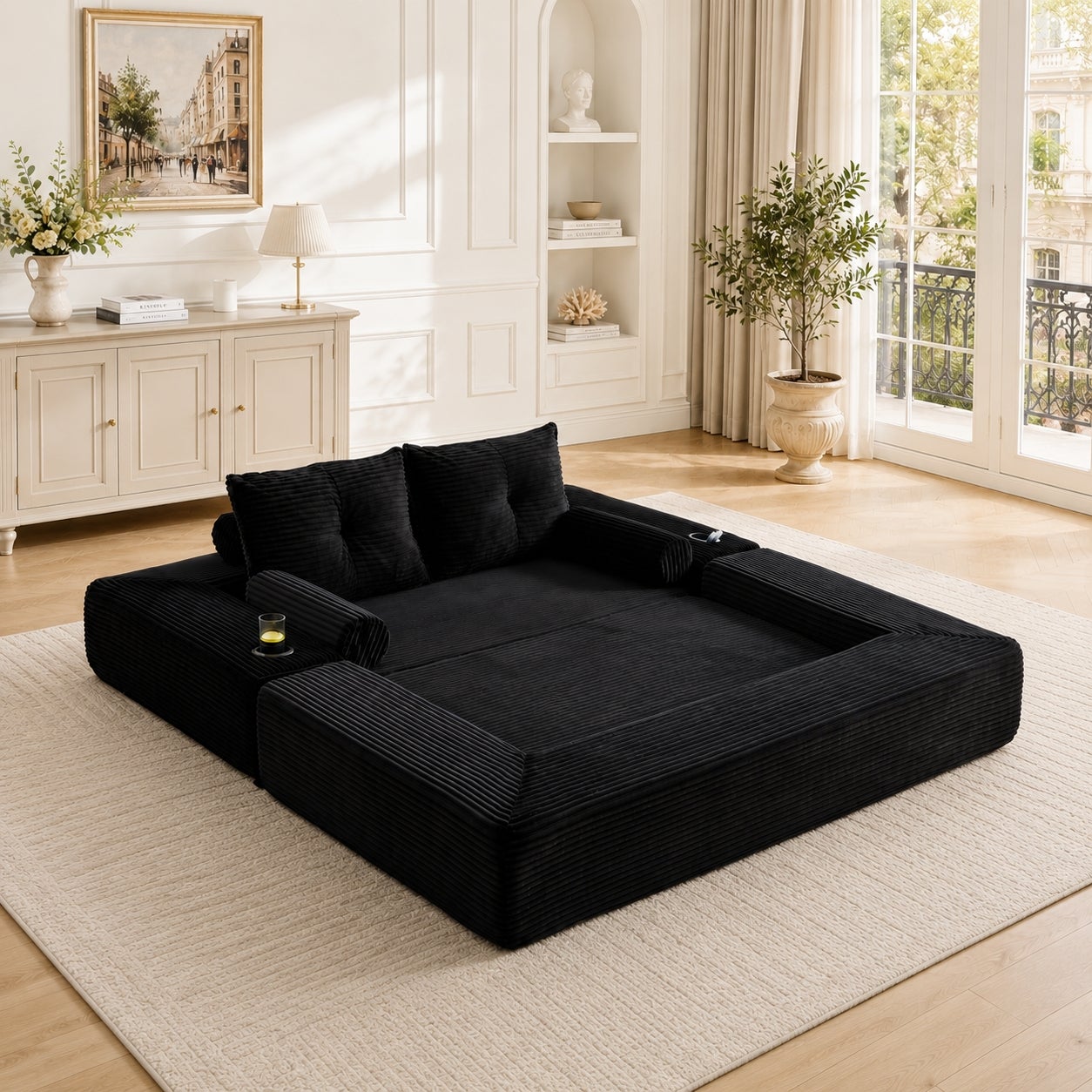 Rozkładana Sofa 2-Osobowa ze Sztruksu z Uchwytami na Kubki, Wielofunkcyjna Kanapa do Salonu
