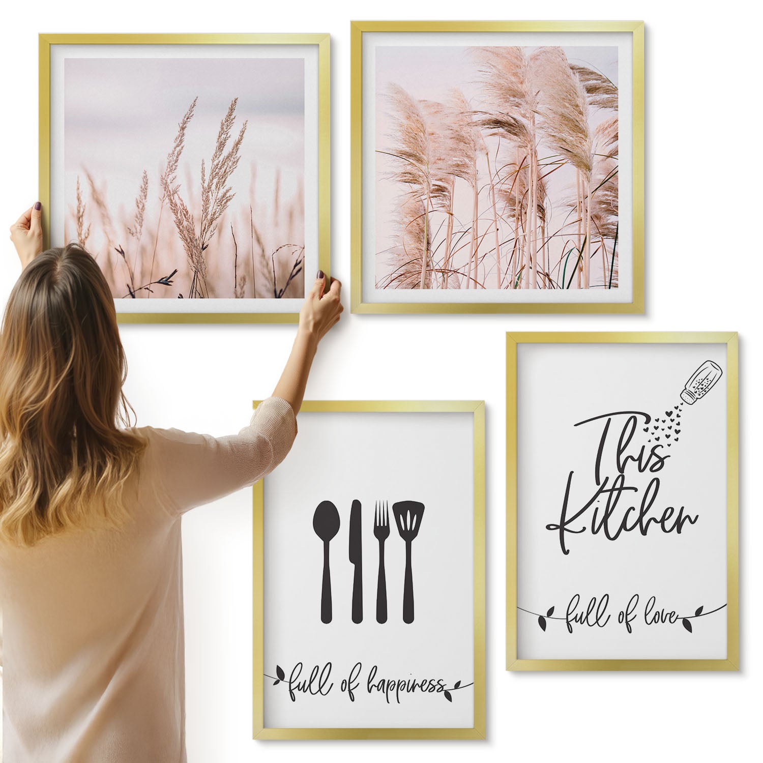 Galeria ścienna 4-częściowy komplet obrazów w złotych ramach - Kuchenne napisy delikatne boho trawy - ArtPrintCave