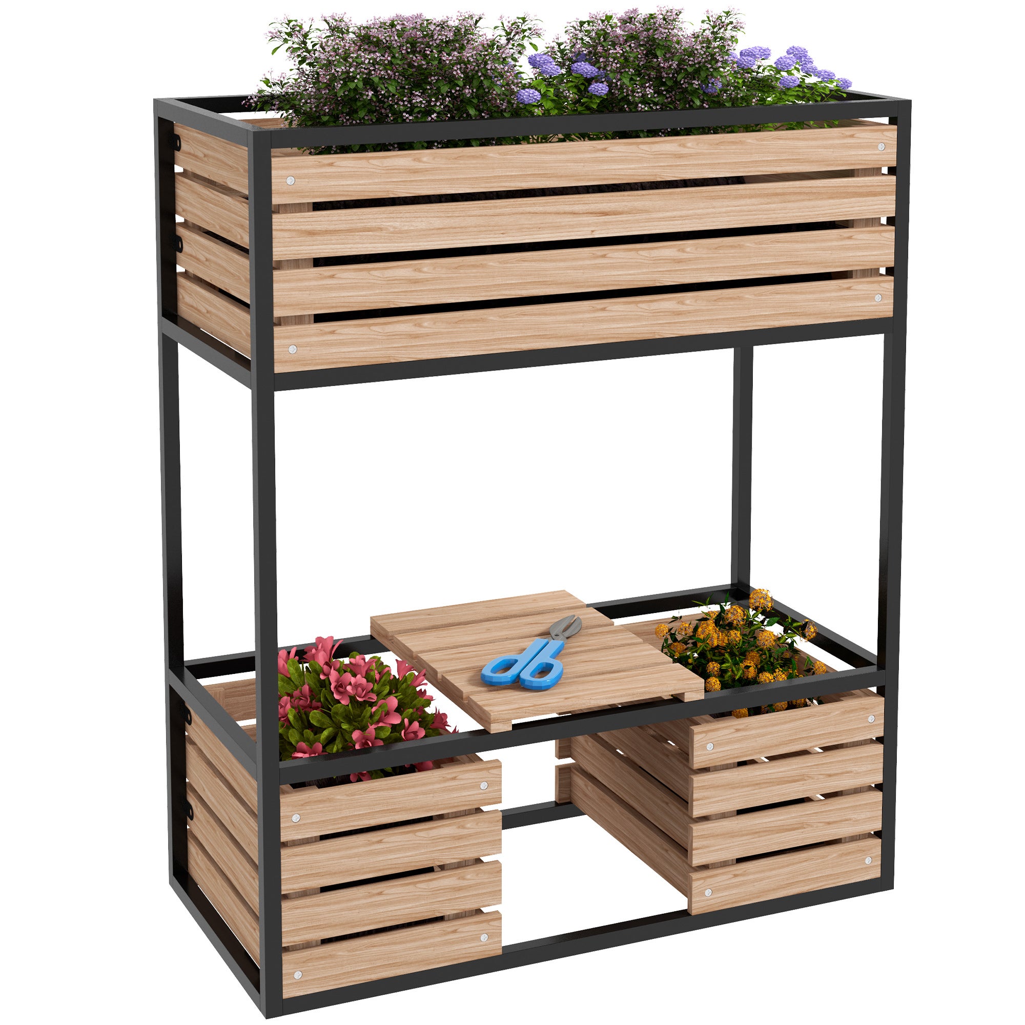 Skrzynka na rośliny kwiat staircase podwyższona grządka, weather-resistant, 3 skrzynki na rośliny, 83 cm x 39 cm x 100 cm, naturalny + czarny