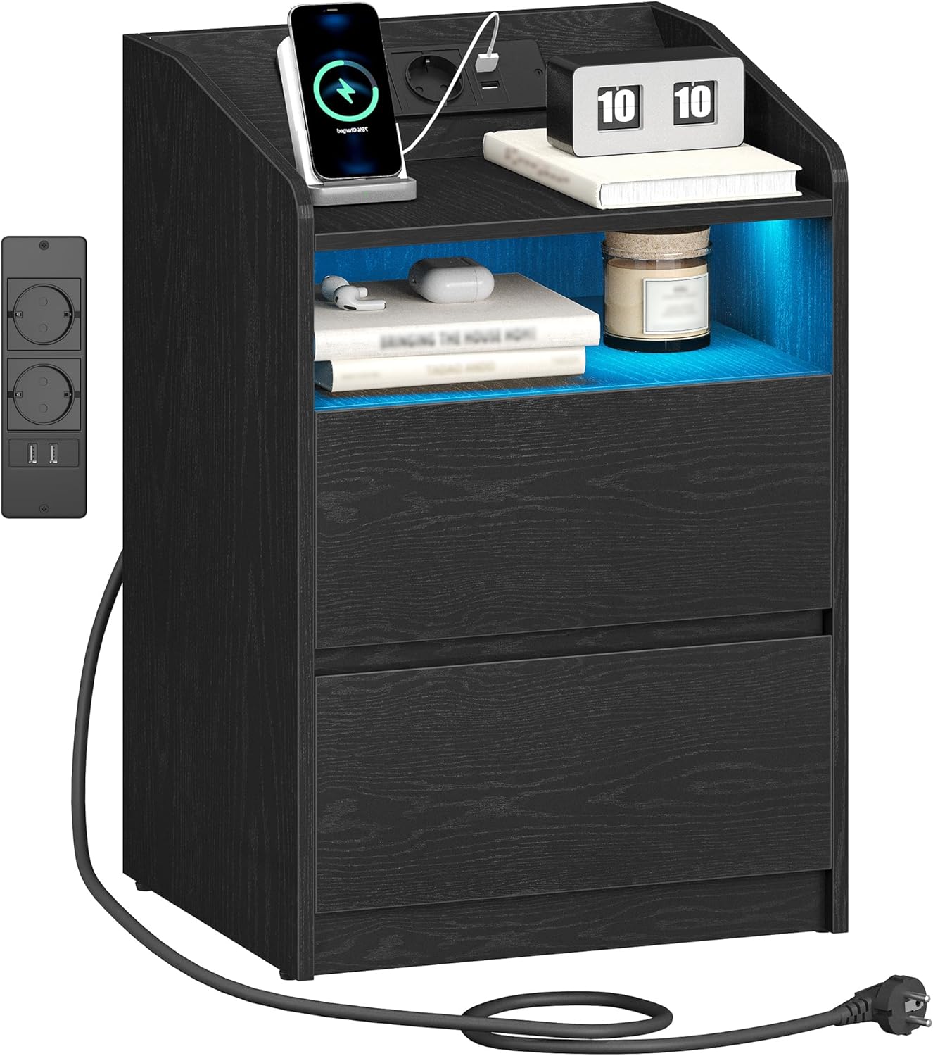 Stolik nocny z oświetleniem LED, szafka nocna z listwą zasilającą, 2 szuflady, 2 porty USB, otwarta przegroda, 35 x 40 x 58 cm, kolor czarny
