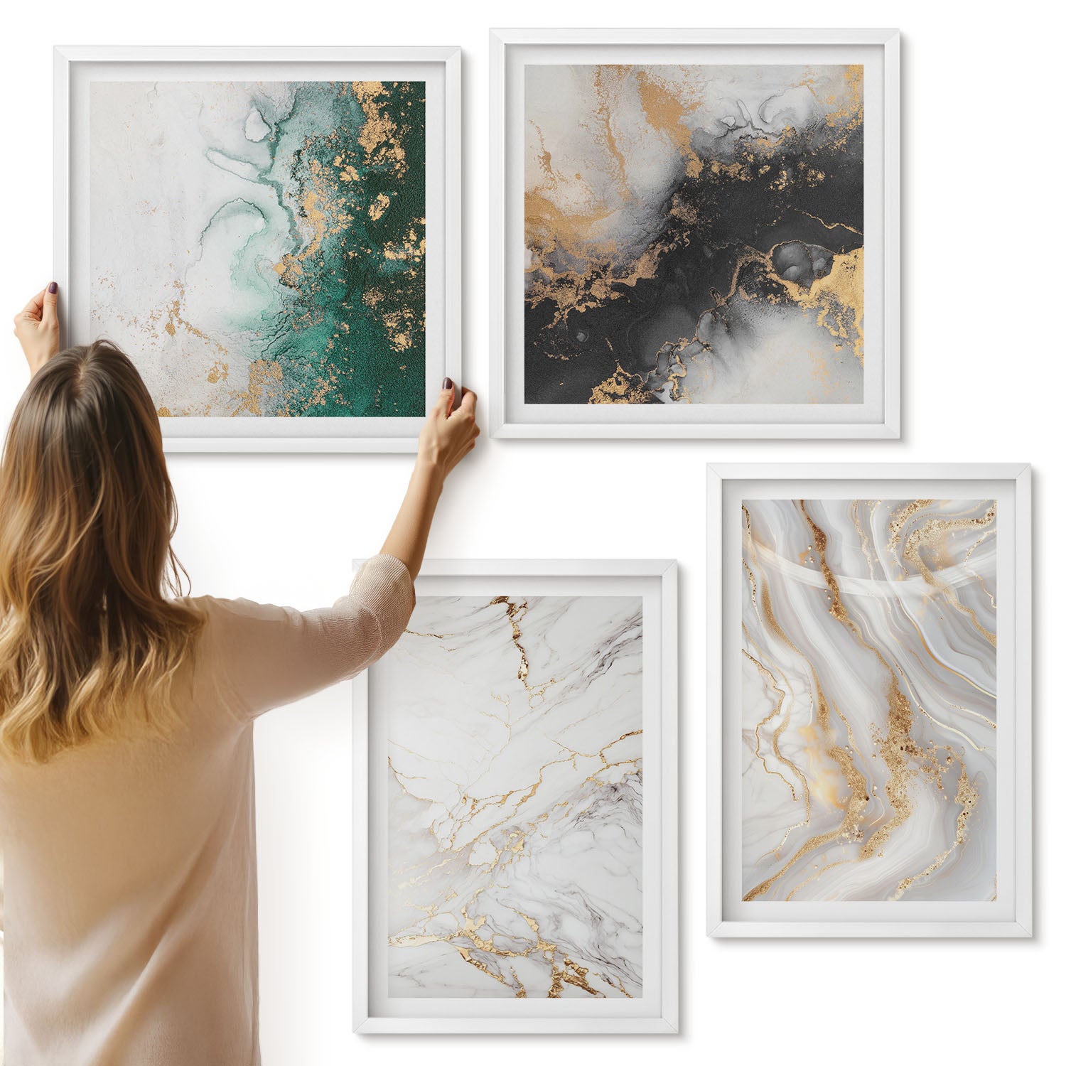Galeria ścienna 4-częściowy komplet obrazów w białych ramach - Abstrakcyjne wzory w odcieniach bieli czerni zieleni - ArtPrintCave
