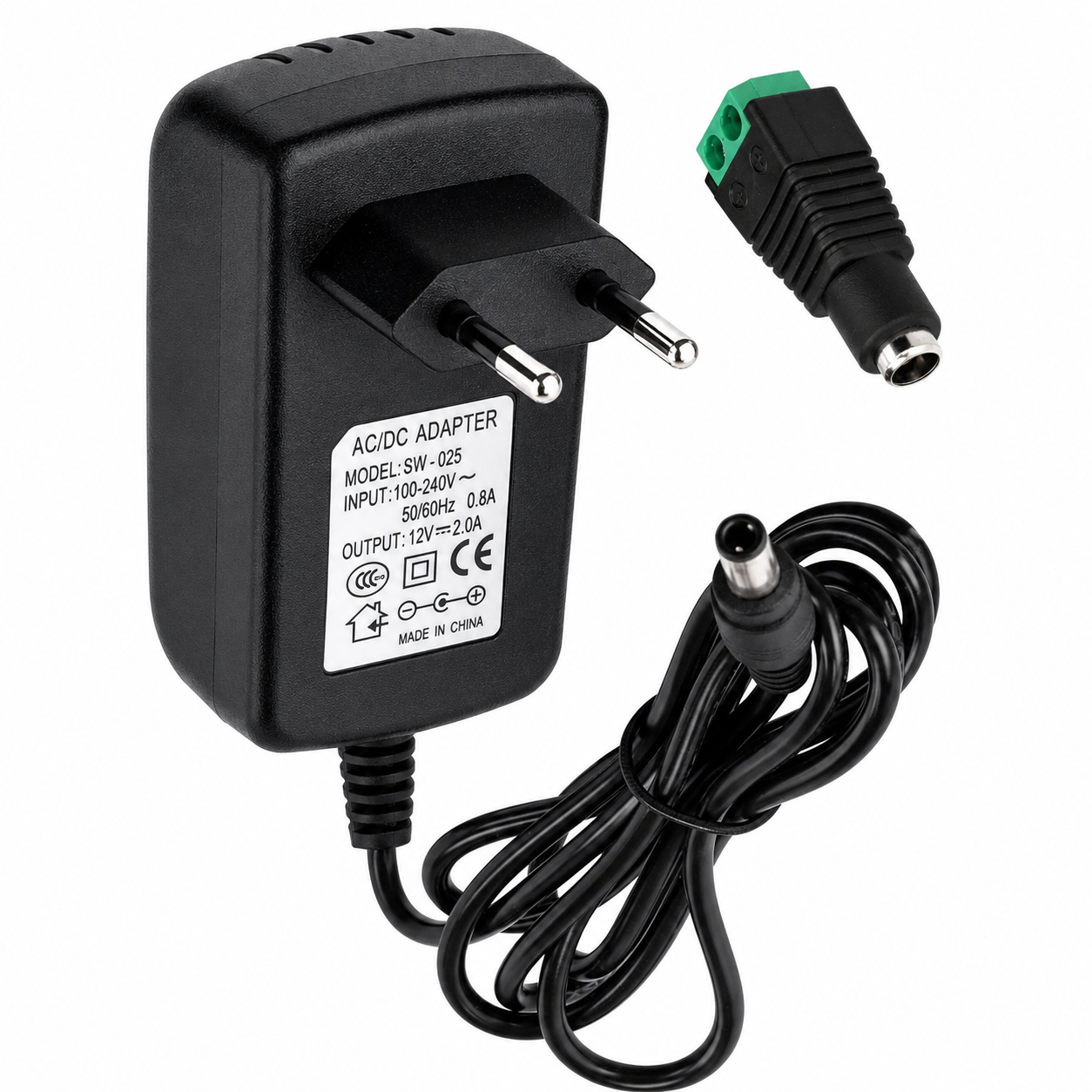 Zasilacz Transformator wtykowy 110/220 V AC na 12 V DC 24 W 2 A, kabel 1 m i złącze żeńskie