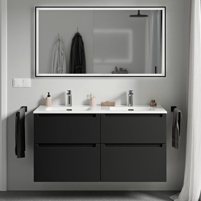 BERNSTEIN - Podwójna umywalka ścienna MDF matowa czarna 120x46x62 cm, białe umywalki + odpływy i otwory na baterię - VIREO 120