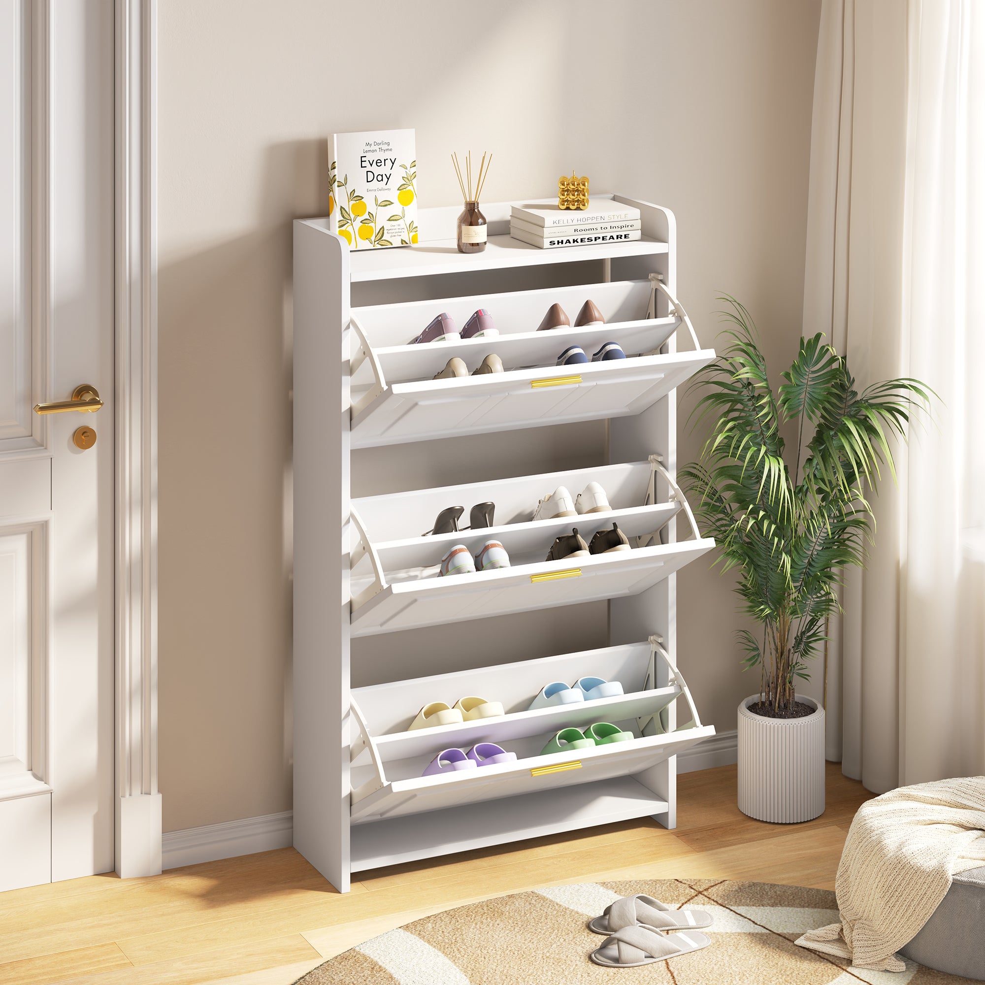 Szafka na buty z 3 drzwiami uchylnymi - 70 x 24 x 120 cm - MDF i płyta wiórowa - biała