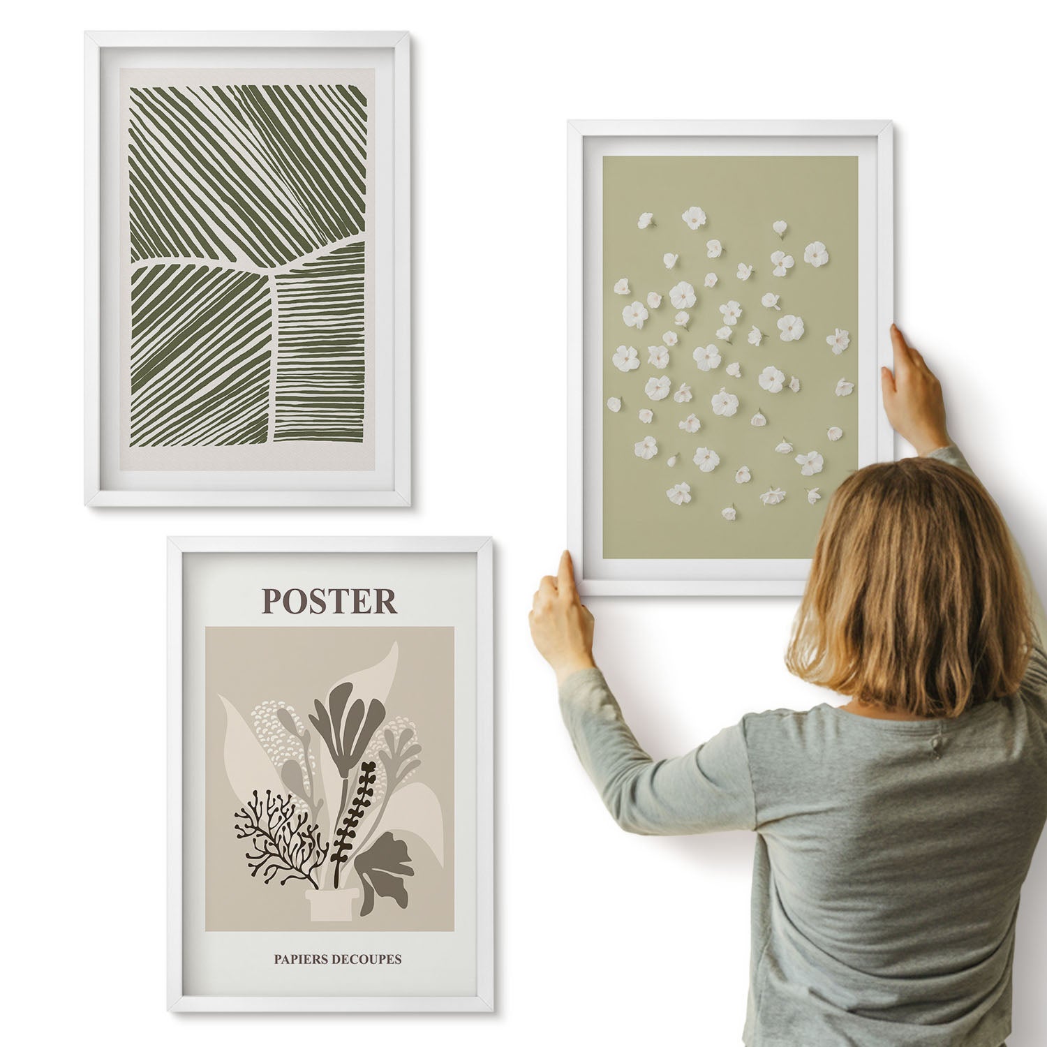 Galeria ścienna 3-częściowy komplet obrazów w białych ramach - Roślinne motywy w stonowanych kolorach i wzorach - ArtPrintCave
