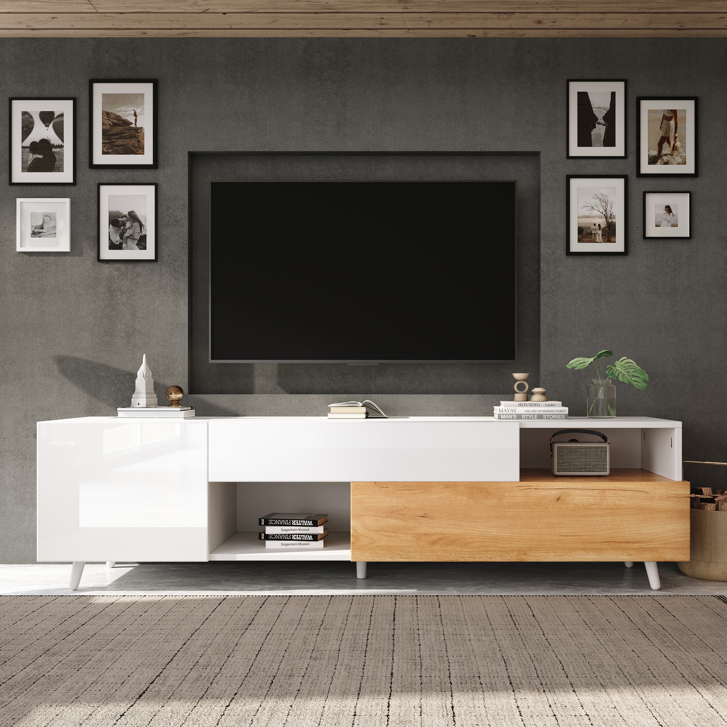 Błyszcząca szafa pod TV 180x38x50 cm - 2 drzwi i 1 szuflada - Kompatybilna z telewizorami 75 cali - biały i naturalny