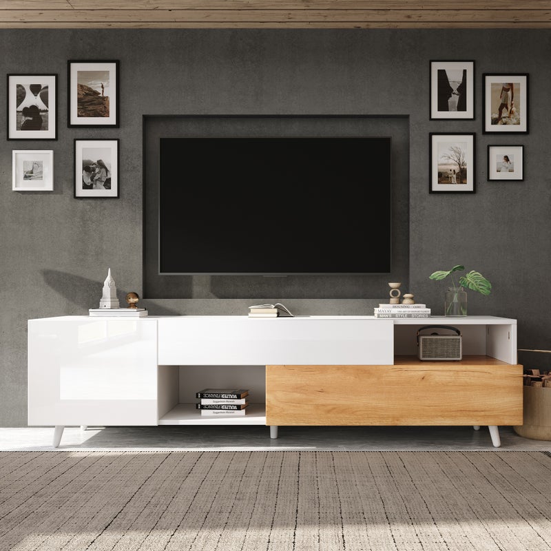Błyszcząca szafa pod TV 180x38x50 cm - 2 drzwi i 1 szuflada - Kompatybilna z telewizorami 75 cali - biały i naturalny