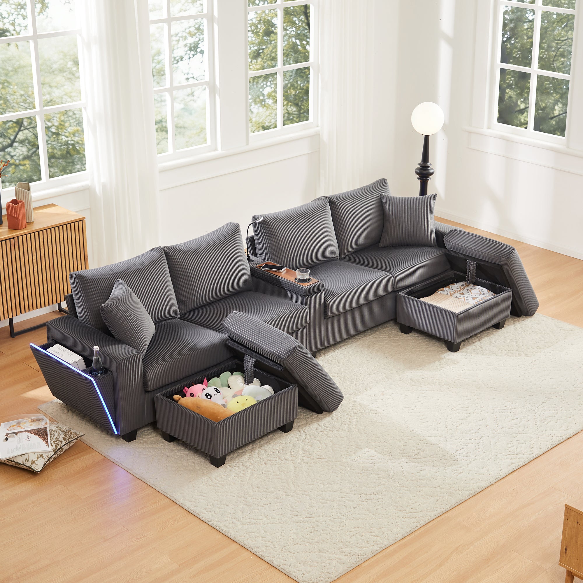 Nowoczesna sofa w kształcie litery U - z USB, Type-C i lampką do czytania - z oświetleniem LED - z uchwytem na kubek i 2 podnóżkami - sztruks - szary