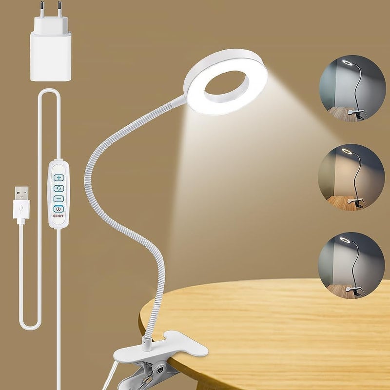 3 tryby oświetlenia, lampka do czytania z klipsem, idealna do czytania i pracy, w zestawie ładowarka USB, lampa obracająca się o 360 stopni.