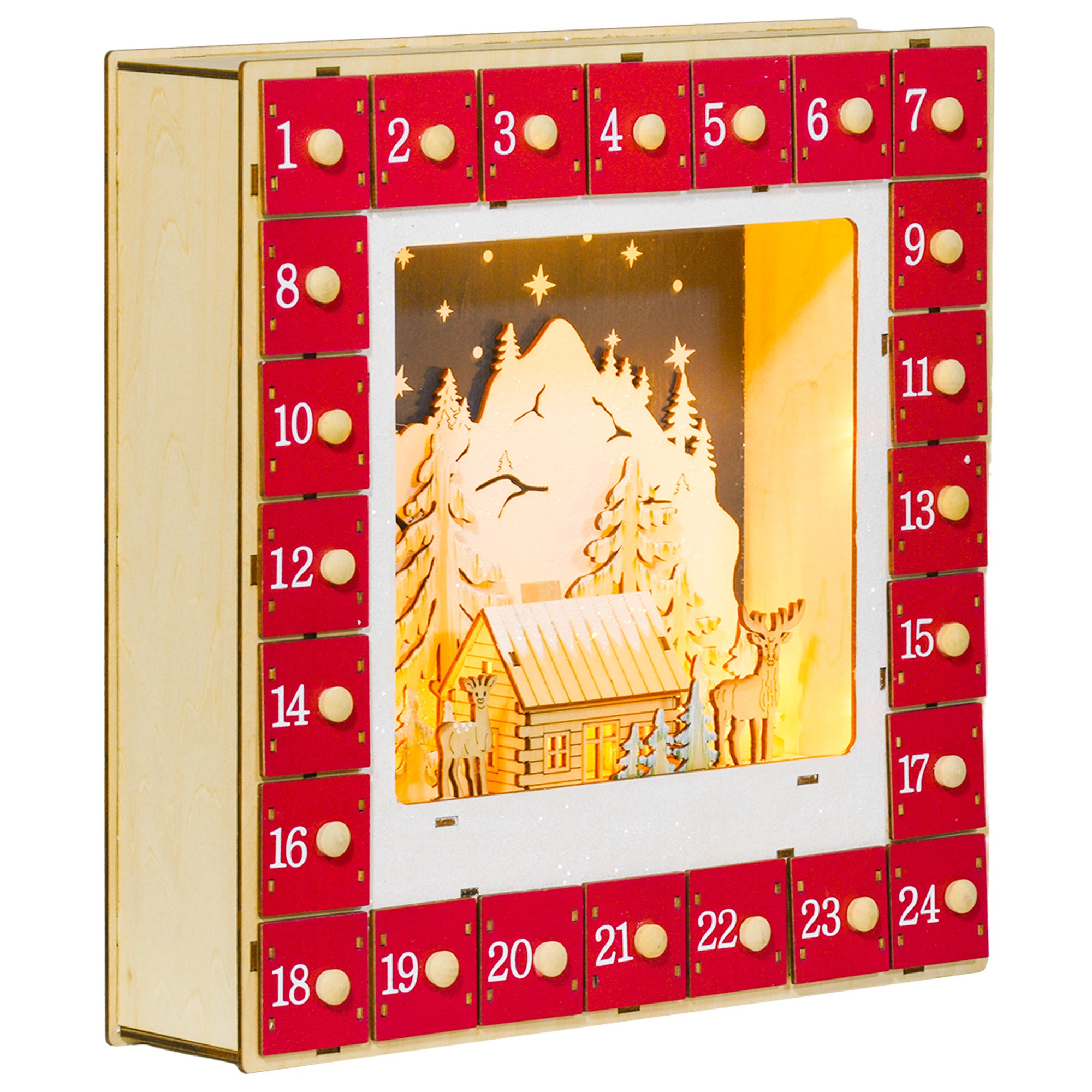 LED Kalendarz adwentowy z village scene, 24 large szuflady, MDF, 34 x 7 x 34 cm, czerwony
