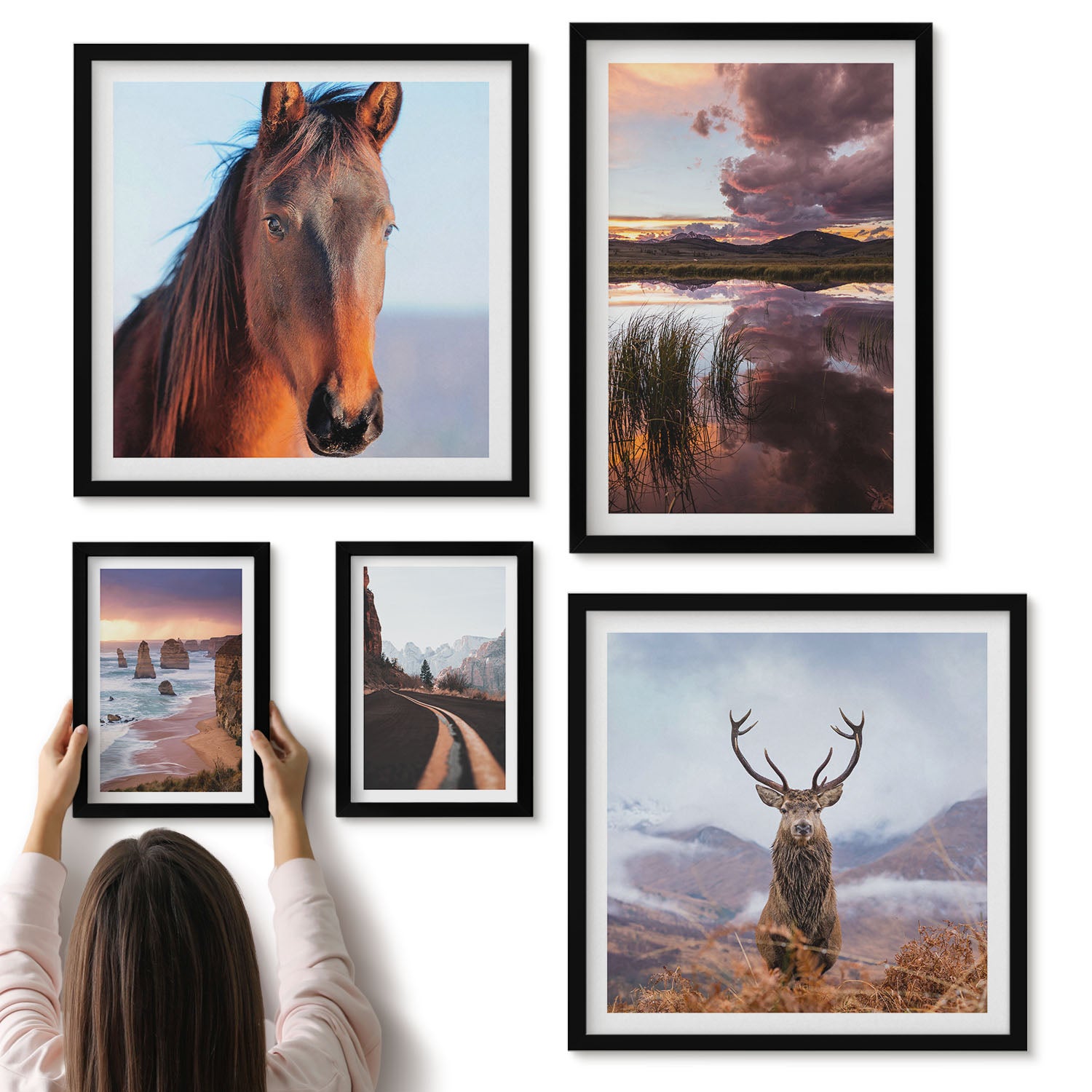 Galeria ścienna 5-częściowy komplet obrazów w czarnych ramach - Naturalne piękno krajobrazów i zwierząt w plenerze - ArtPrintCave