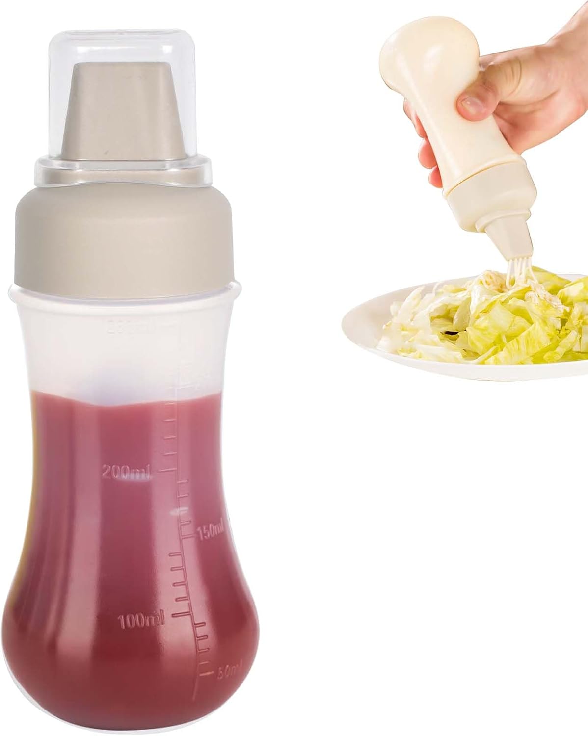 Butelka z dozownikiem na przyprawy – beżowa, 280 ml, butelka z dozownikiem z zakrętką, plastikowa butelka na przyprawy do sosu kuchennego