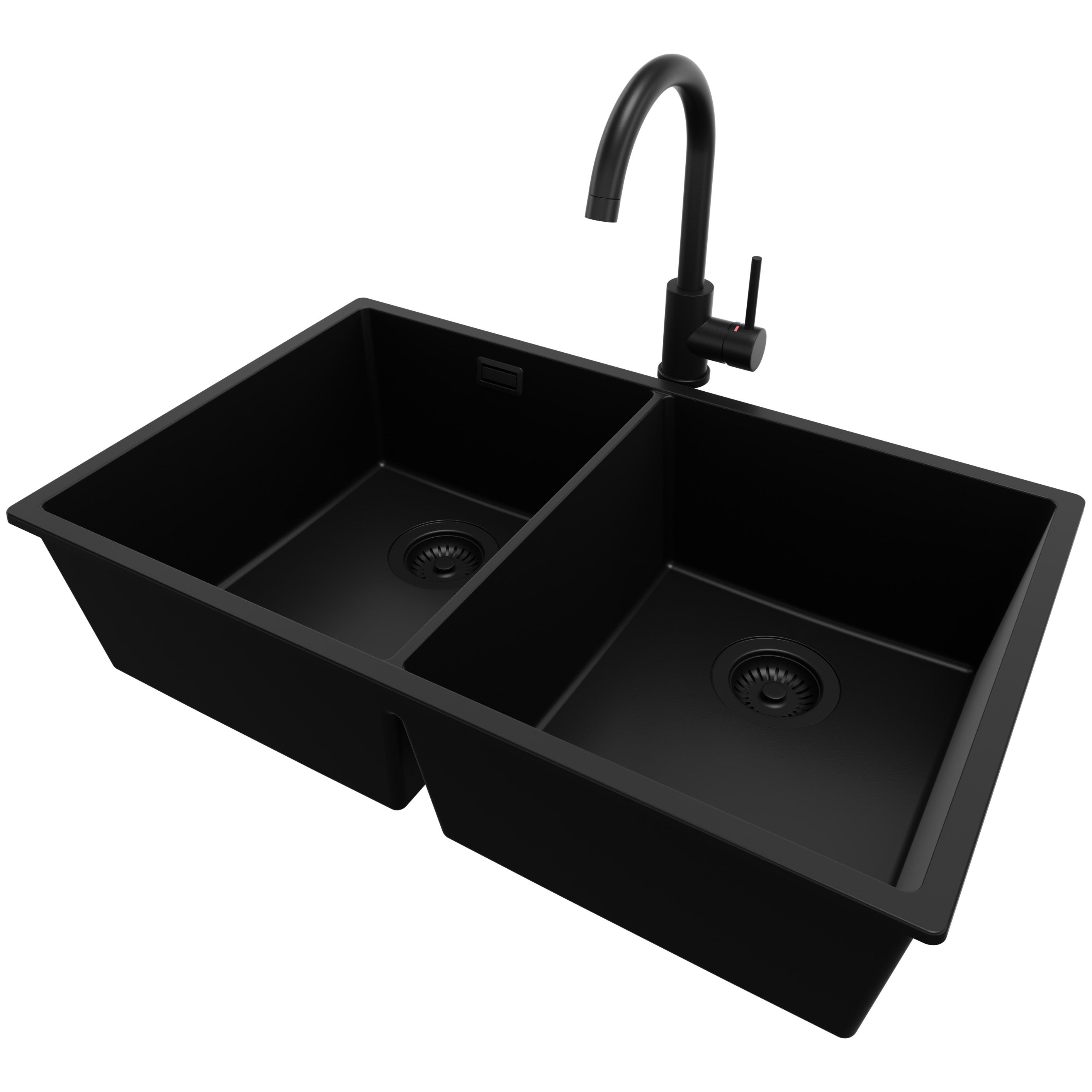 Zlewozmywak podblatowy Cały Czarny 76x47cm, Zlew Kuchenny 2 Komorowy + Bateria 32x20cm + Syfon, do szafki od 80cm - Londyn Twin PRIMAGRAN