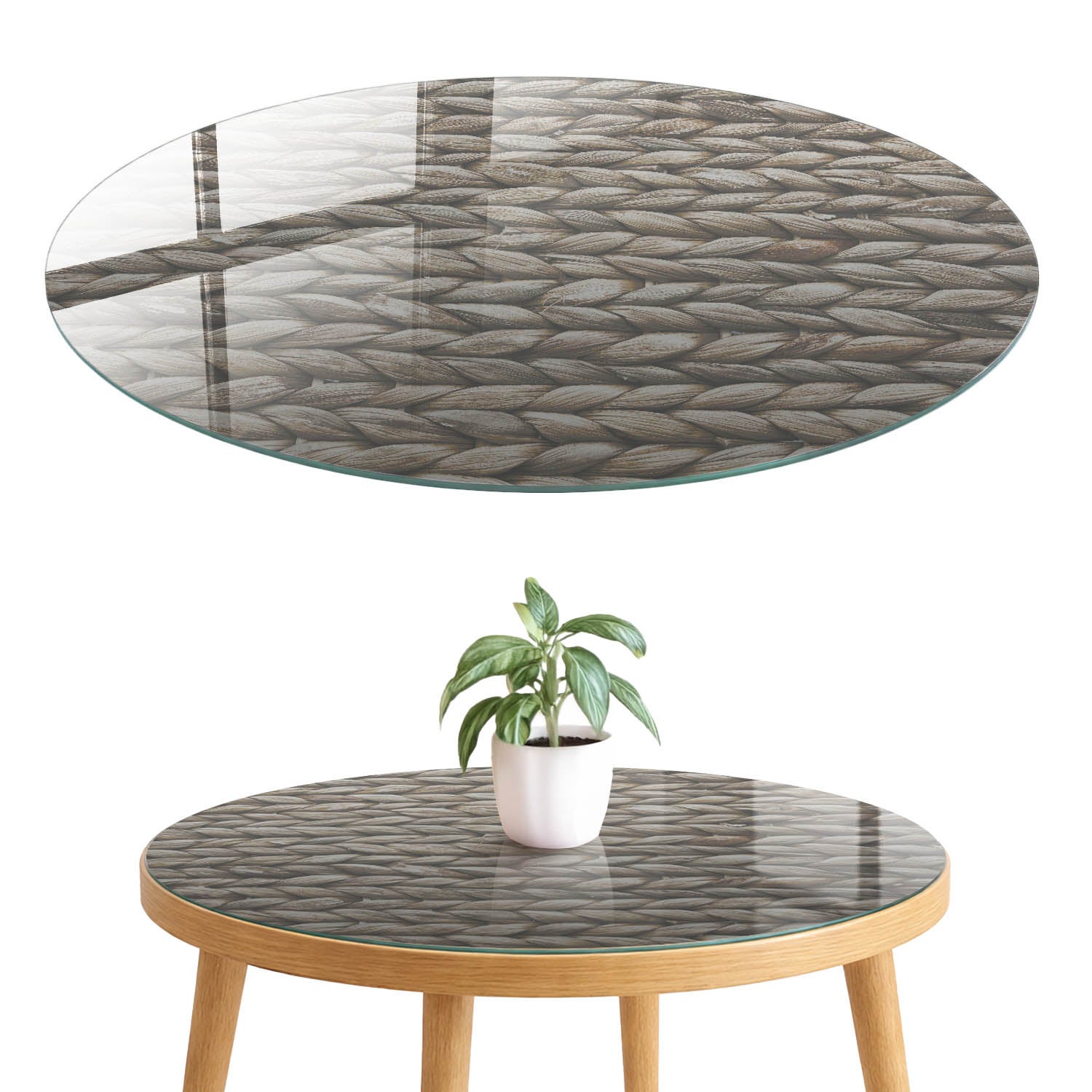 Szklany blat hartowany z wzorem 4 mm - elegancka dekoracja i maskowanie blatu fi70 cm Rustykalna tekstura