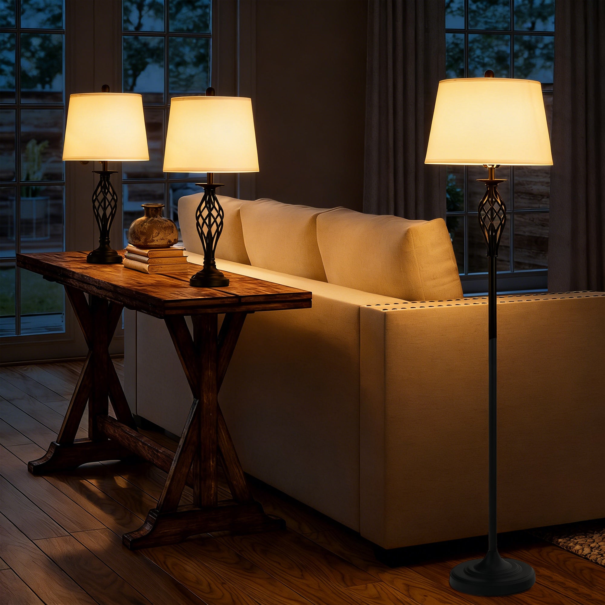 Zestaw 3-częściowy: 1 lampa podłogowa i 2 metalowe lampy stołowe, styl vintage, żarówki E27, kolor czarno-biały