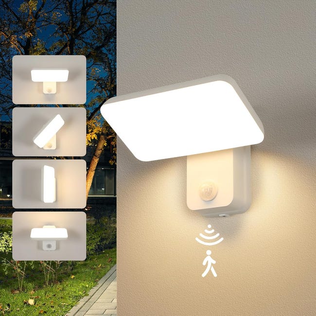 Kinkiet LED do użytku wewnątrz i na zewnątrz, z czujnikiem ruchu, wodoodporny, aluminiowy, IP65, obrotowy w zakresie 350°, ciepłe światło