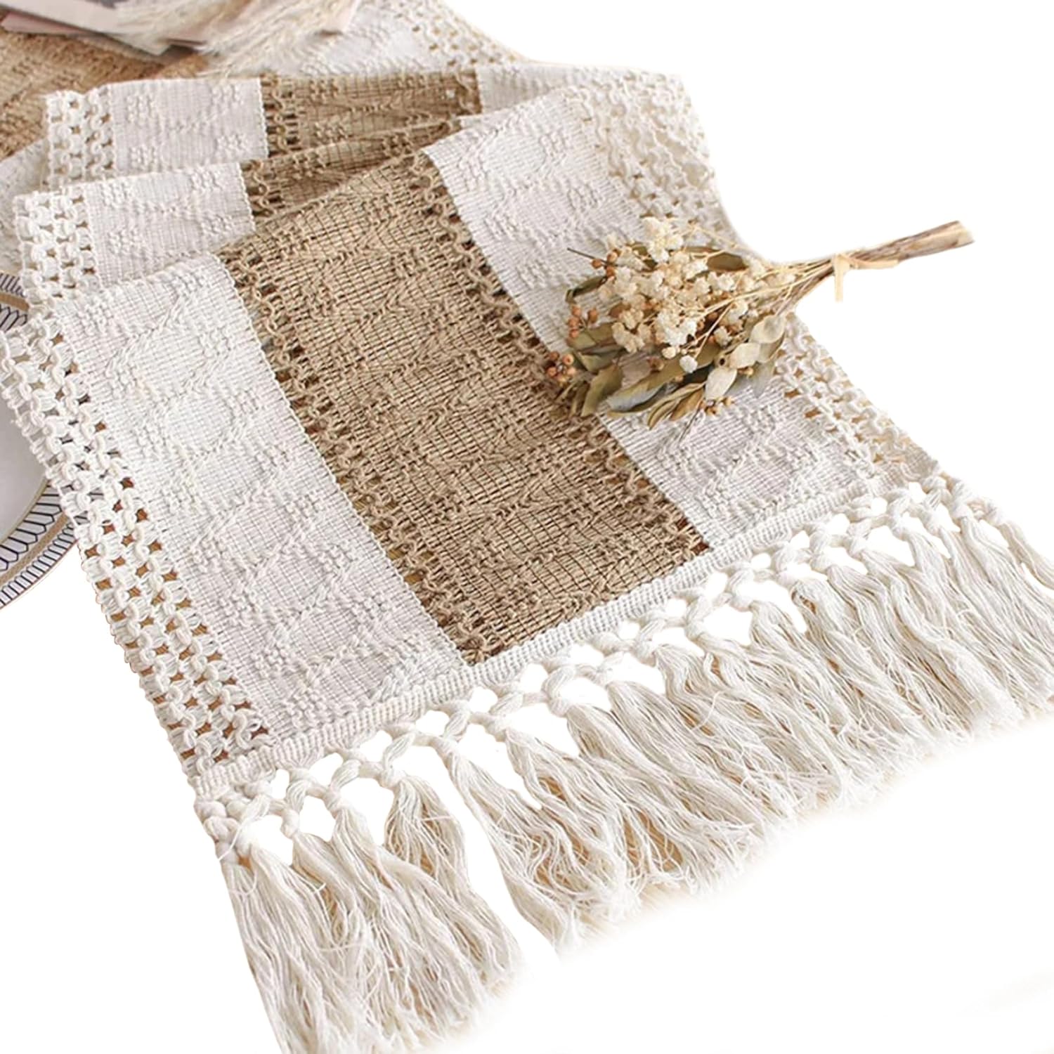 Bieżnik na stół w stylu retro boho z bawełny i lnu z ażurowymi frędzlami (180 cm) do salonu, bufetu lub dekoracji weselnej, beżowy