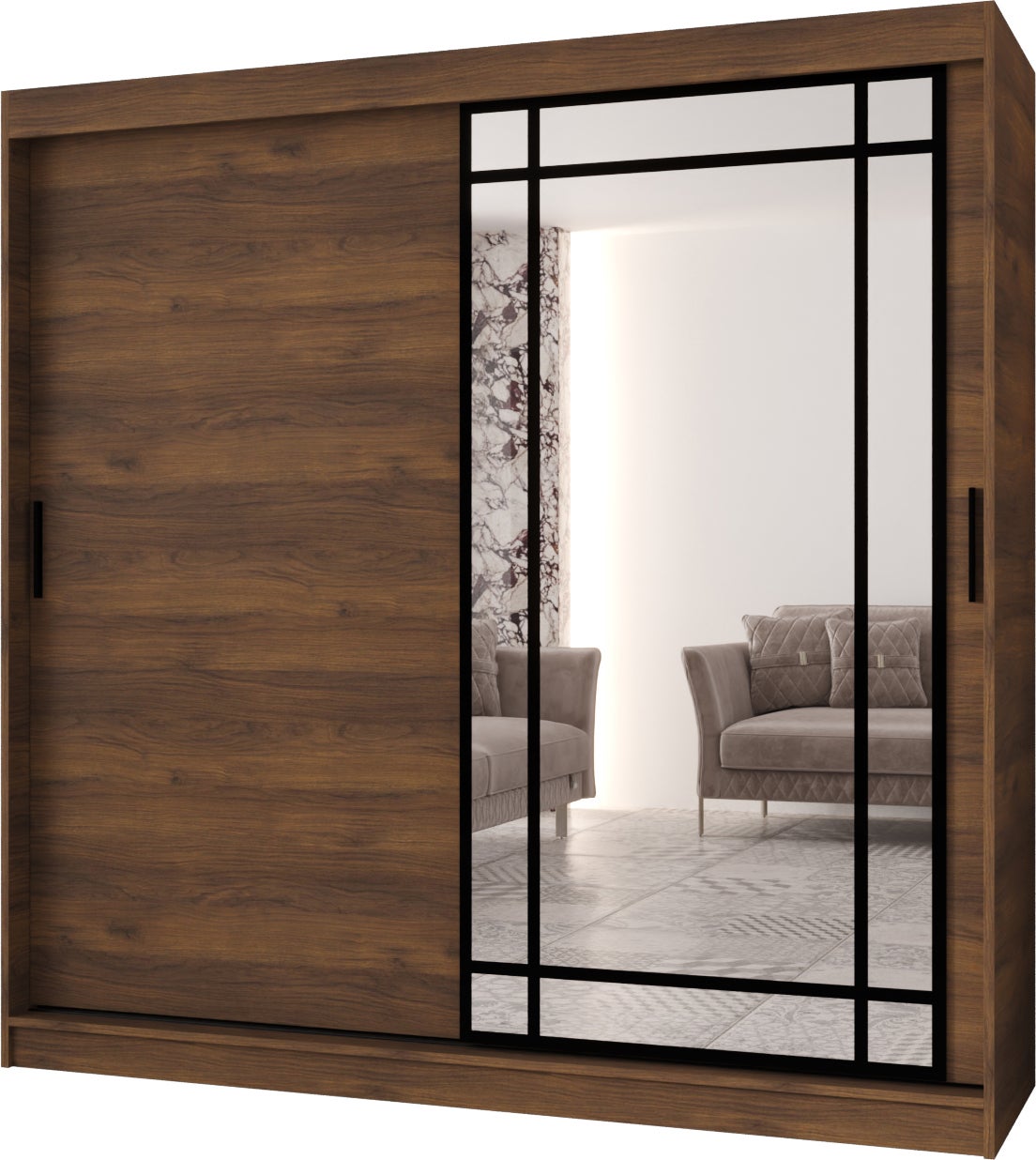 Szafa przesuwna z lustrem ALMERIA 200 x 62 x 200 orzech + u. czarny