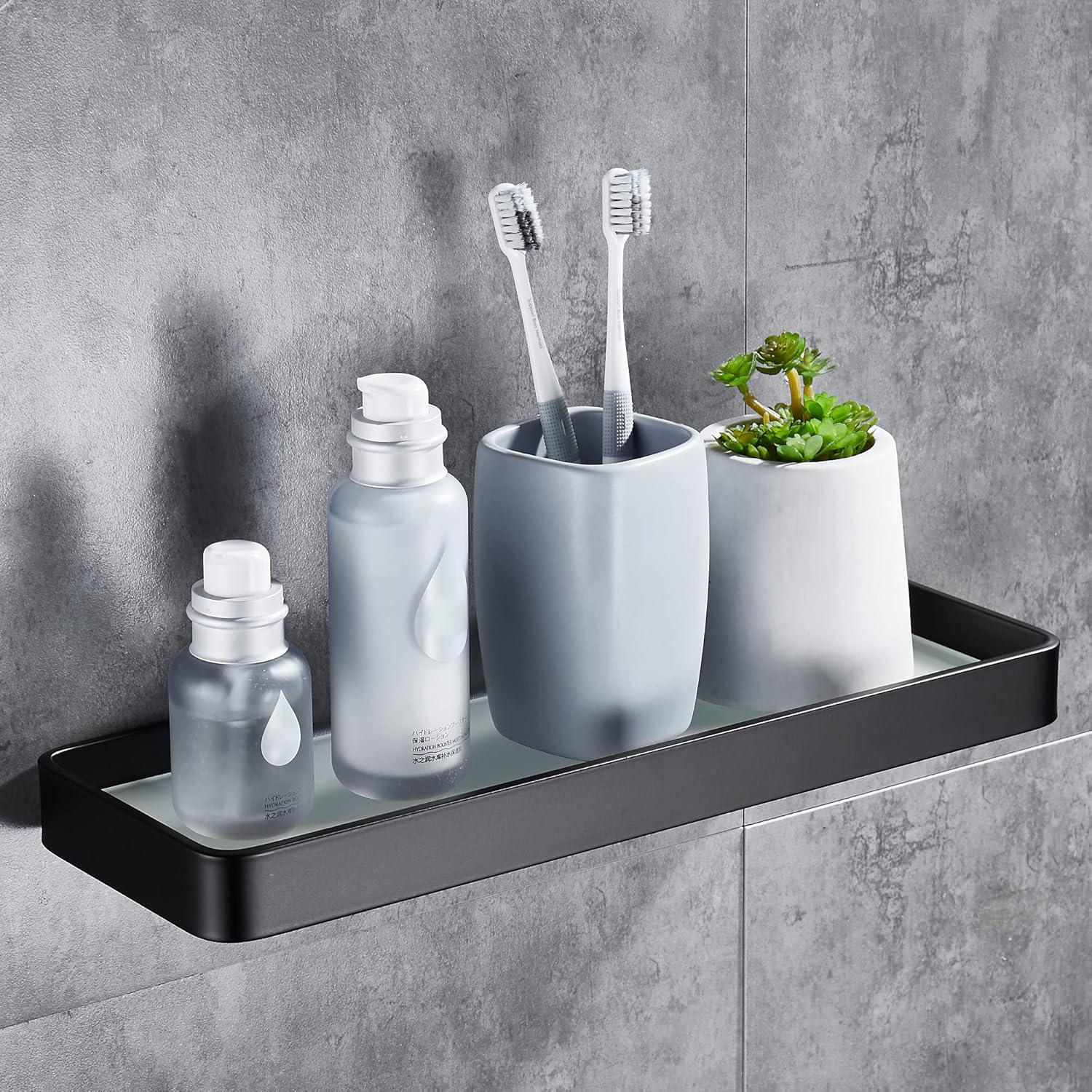 Samoprzylepna półka prysznicowa do łazienki – nie wymaga wiercenia, szkło hartowane i aluminium nierdzewne, organizer przestrzeni 35 cm (czarny)