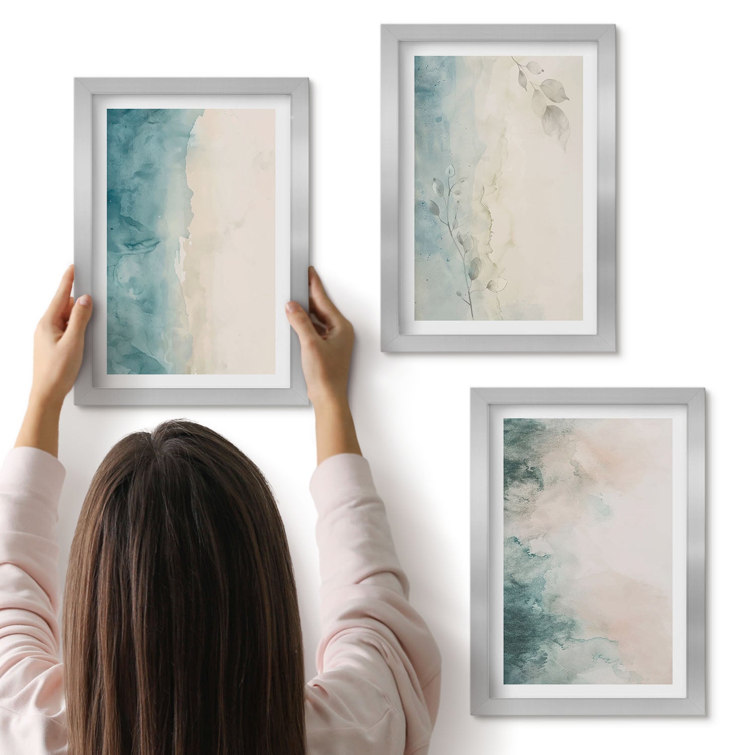 Galeria ścienna 3-częściowy komplet obrazów w srebrnych ramach - Rozlane akwarele na płótnie minimalistyczny styl - ArtPrintCave