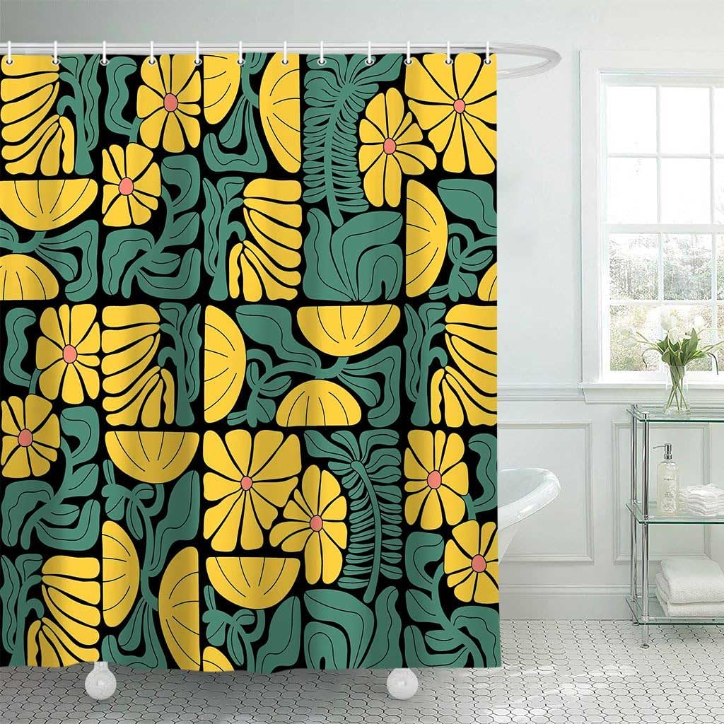 Czeska zasłona prysznicowa z abstrakcyjnym, kolorowym wzorem kwiatowym, vintage'owy patchwork w kolorze żółtym i zielonym, dekoracja łazienki, z 12 ha